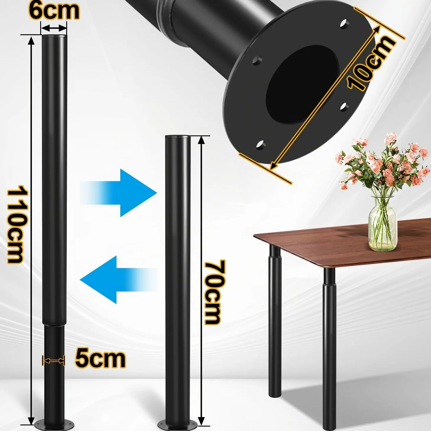 Confezione da 4 piedini per mobili, gambe regolabili da 70 a 110 cm, Fino a 200 kg per mobili, gambe da tavolo in acciaio, Caricabile divano-letto, comodino, armadietto (nero)
