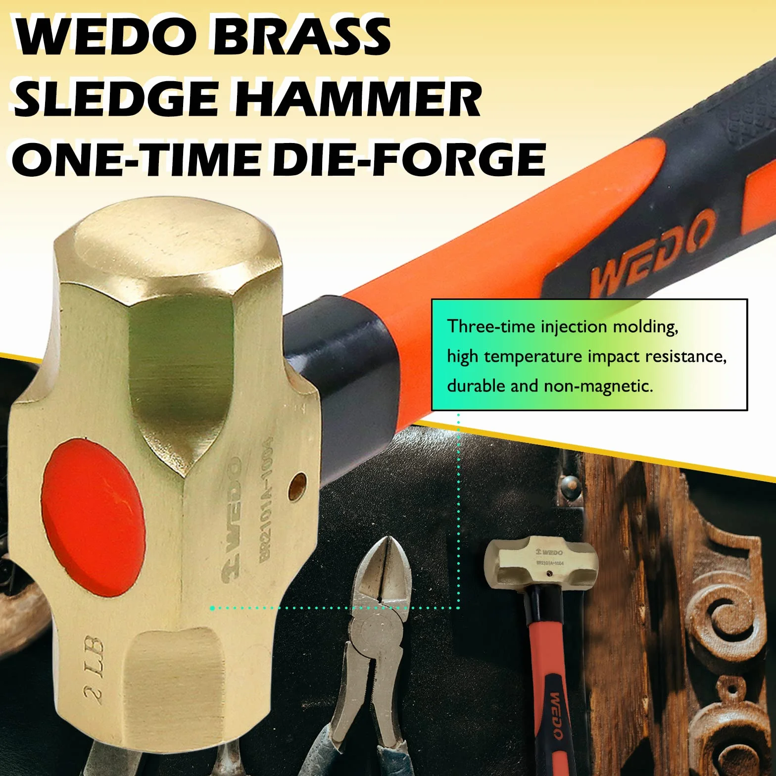 WEDO Martello in ottone con manico in fibra di vetro, non magnetico, 1 libbra, 300 mm, 12 pollici