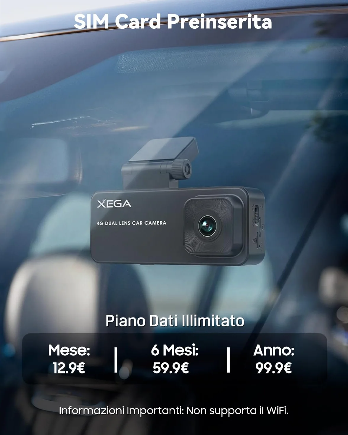 XEGA Dash Cam Auto 2K 4G con Scheda SIM, GPS, Monitoraggio di Parcheggio, Rilevamento Collisione/Movimento Radar, Audio Bidirezionale, Modalità Privacy, Video in Diretta/Cloud