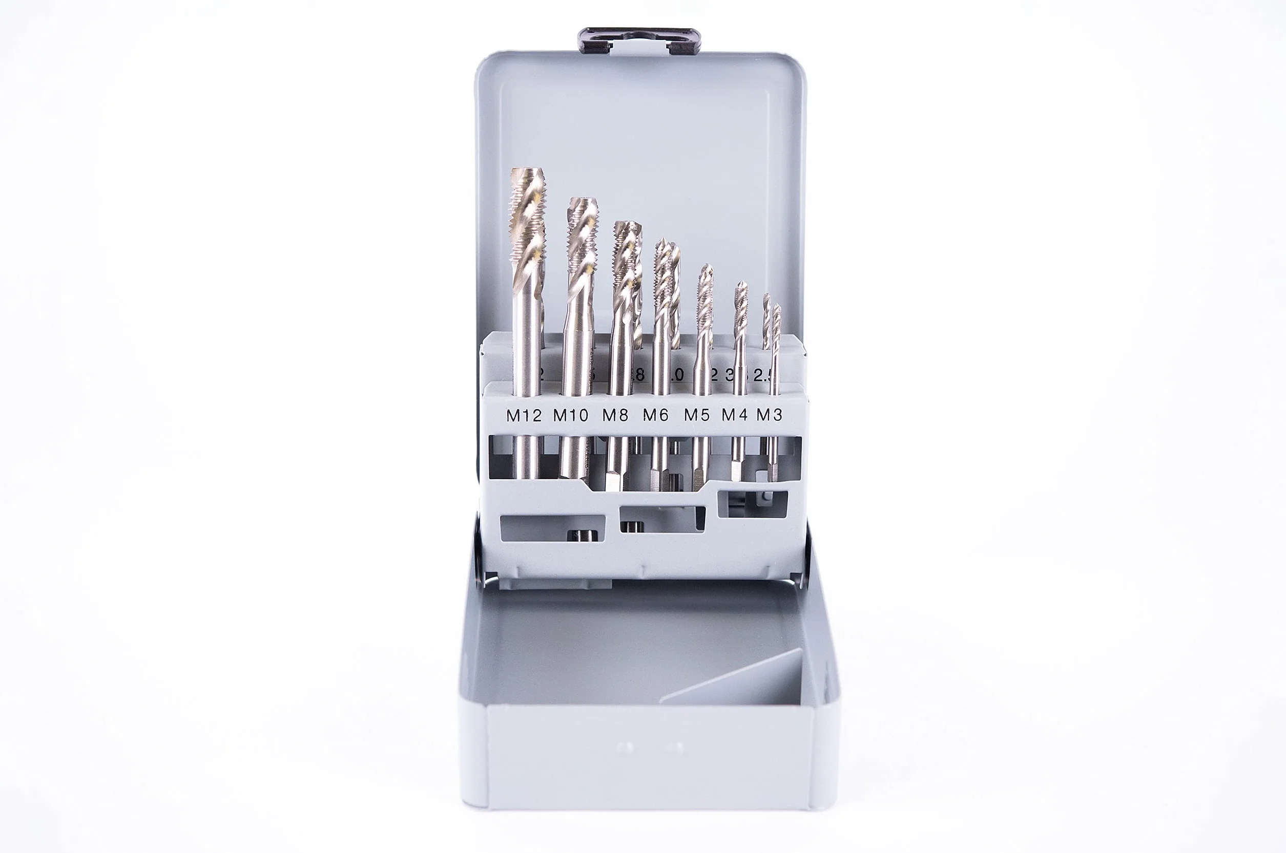 Set maschi filettati M3-M12 HSS-G 14 pezzi foro cieco forma C 35° spirale destra cassetta acciaio