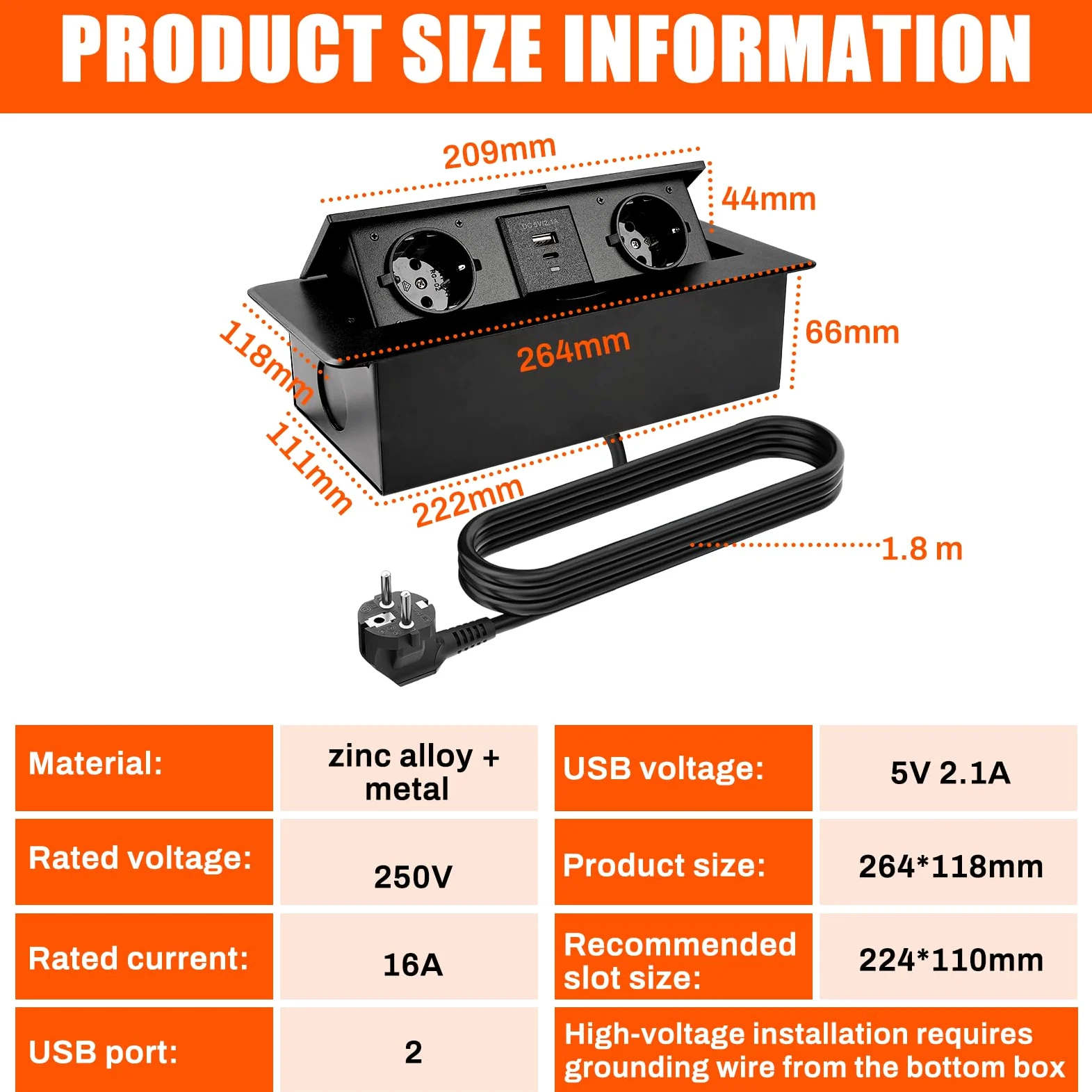 Multipresa da Incasso a Scomparsa con 2 Prese Schuko e USB | 1 USB A e 1 USB C, PD18 W, Cavo 1,8 M, Ciabatta Elettrica a Scomparsa per piano di lavoro, cucina, ufficio, nero