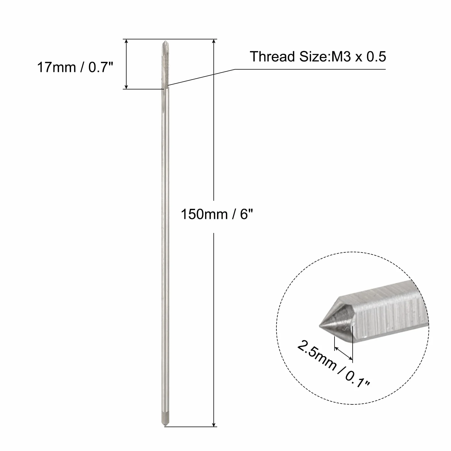 QUARKZMAN Maschio Filettato M3 x 0,5 H2 Extra Lungo 150 mm (6") Acciaio Rapido