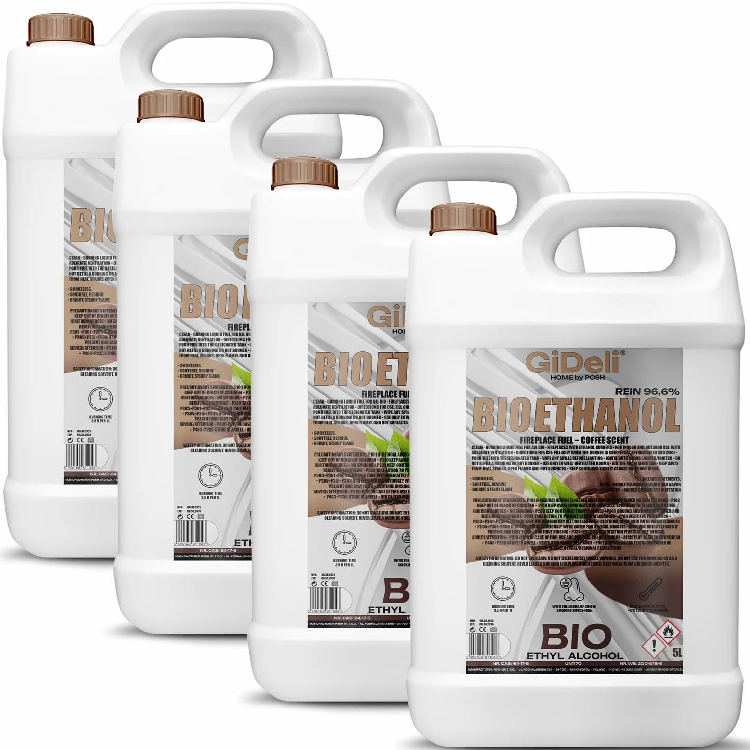 GiDeli Bioetanolo 4 x 5 l profumo di caffè 96,6% etanolo per camini interni ed esterni, senza fumo e fuliggine, da mais e barbabietola da zucchero