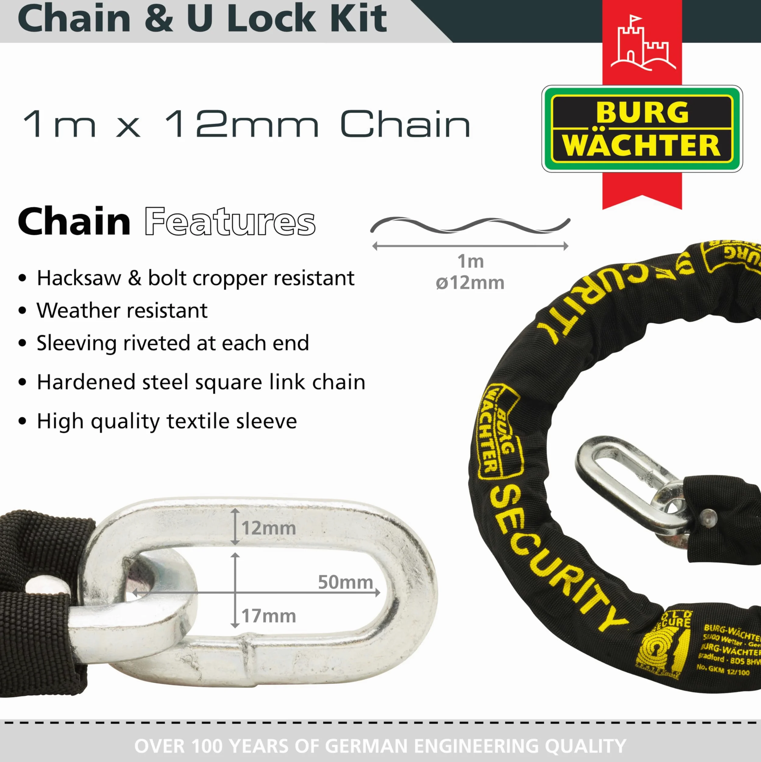 Burg Wachter Sold Secure Diamond & Gold 12 mm con chiave uguale catena e ancoraggio a terra, confezione doppia, nero, 1 m