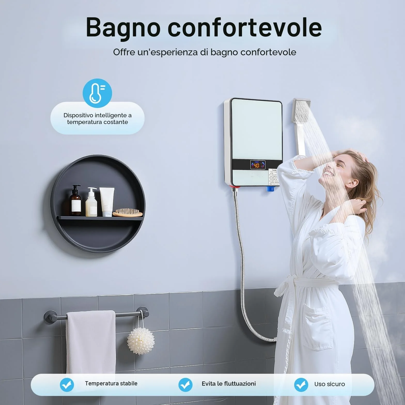 Scaldabagno Elettrico Istantaneo, Scaldabagno Istantaneo per Doccia del Bagno con Touchscreen LED, Mini Scaldacqua Istantaneo con Set Doccia per Cucina, Bagno