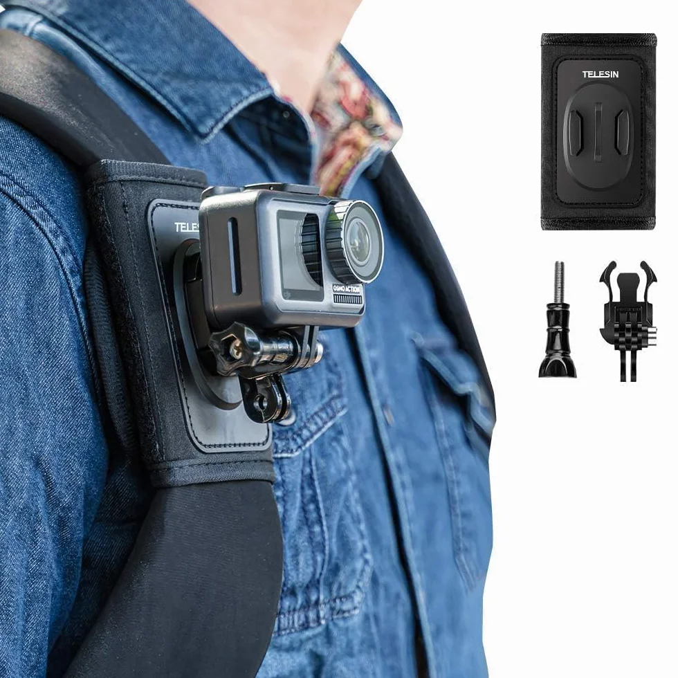 TELESIN Supporto da Zaino e Spallacci per GoPro Hero 13 12 11 10 9 8 DJI Osmo 360 Action 5 Pro 4, Insta360, con Cuscinetto Regolabile e Gancio a J e Attacco per Cinghia, Fotocamera di Azione Accessori