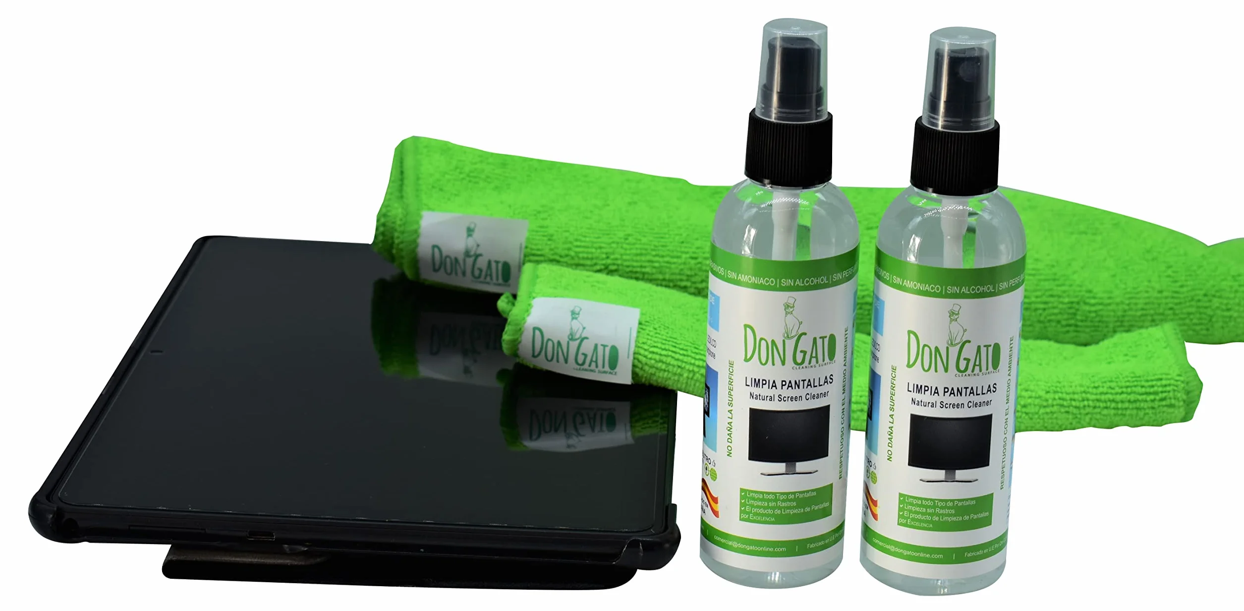 Don Gato – pulizia dello schermo (100ml x 2) + 2 panno in microfibra per TV, Tablet, Computer portatile, LCD, LED, telefono cellulare. Prodotti naturali e rispettoso dell'ambiente.