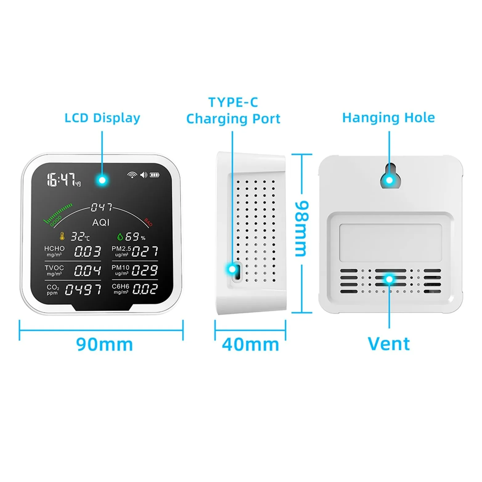 Misuratore di qualità 'aria portatile HCHO/TVOC/CO2/PM2.5/PM10/AQI/C6H6 Tester umidità a temperatura Rilevatore anidride carbonica con schermo da 4.8 pollici,Alta Precisione