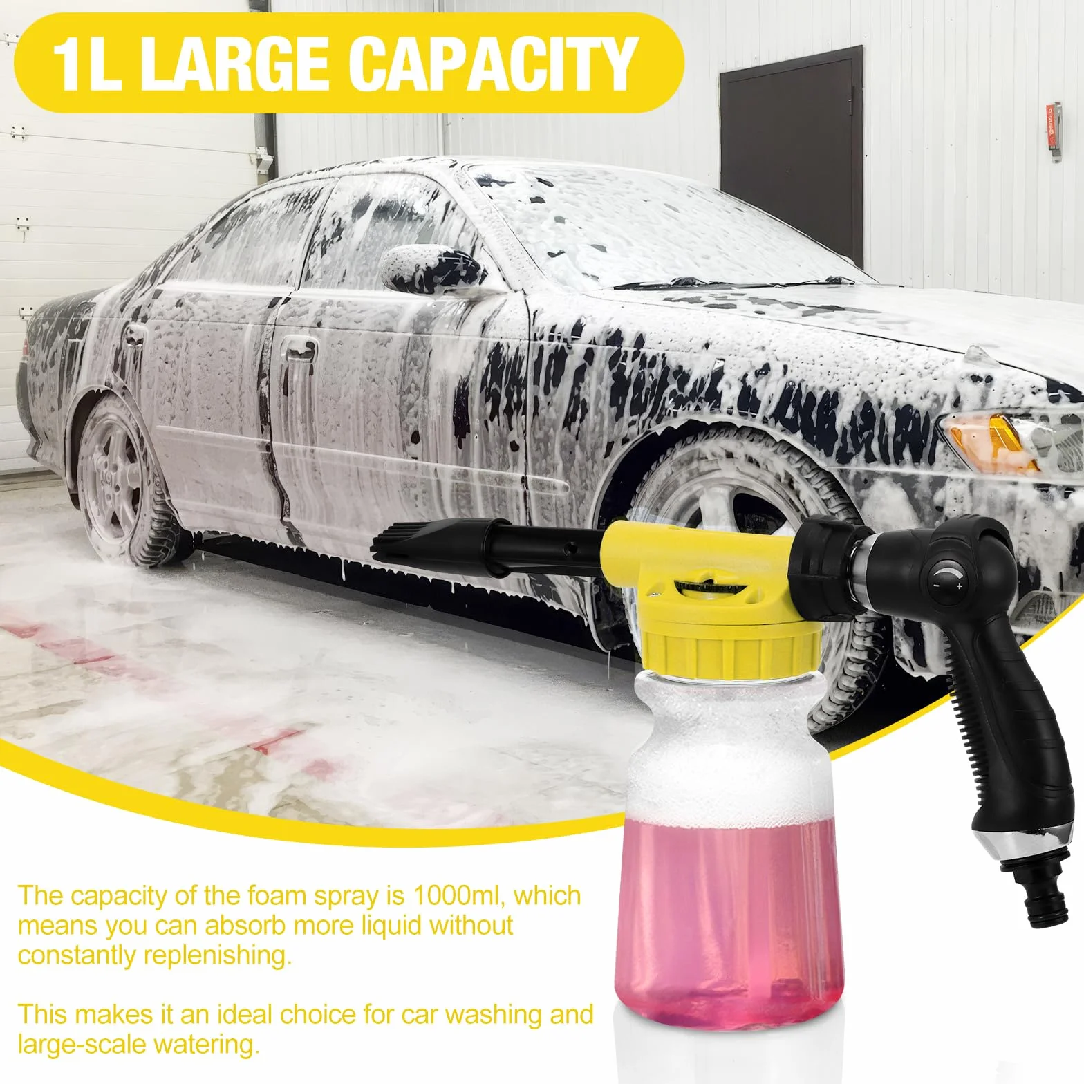 Foam Gun Car Wash 1000ml, 2 in 1 Lancia Schiuma Regolabile, Pistola Schiuma per Pulizia Auto Cannone Schiuma Attacco Tubo da Giardino per Pulizia Auto e Moto Giardini (Giallo)