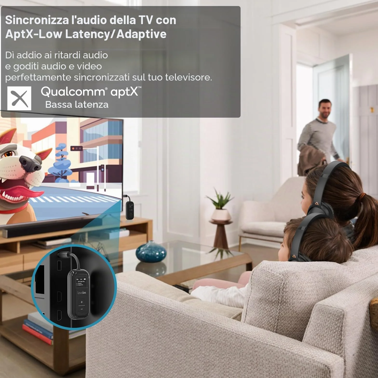 Trasmettitore Bluetooth 5.3 per Airpods/cuffie, adattatore aptX Low Latency/Adaptive, 25 ore di riproduzione, splitter audio AUX 3,5 mm