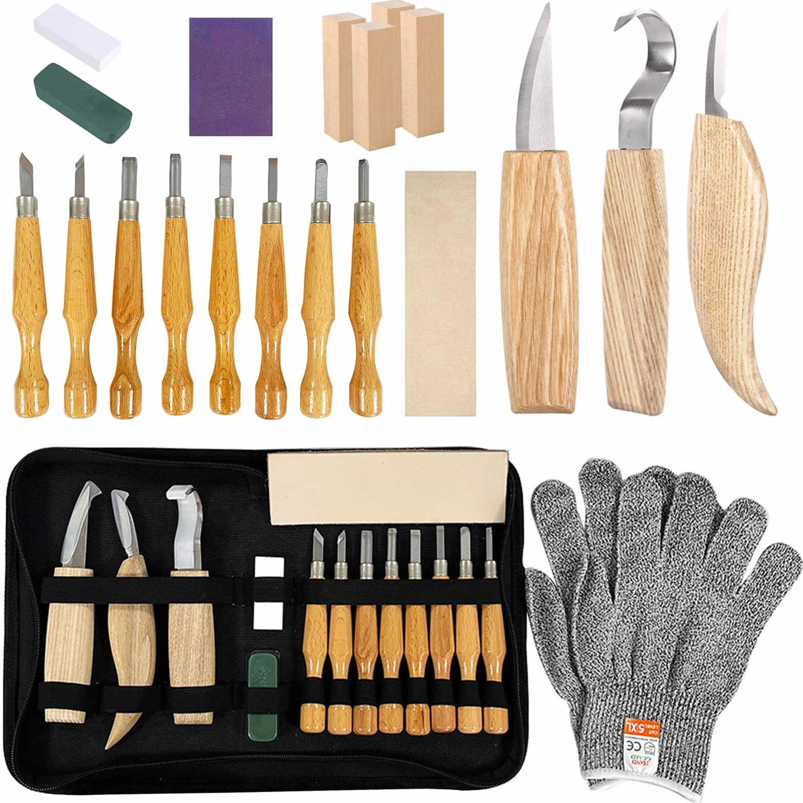 Strumenti Per Intaglio Del Legno - 21PCS Kit Intaglio Legno Professionale, Portare pietra pomice, cera, carta vetrata e guanti, Adatto a principianti e professionisti