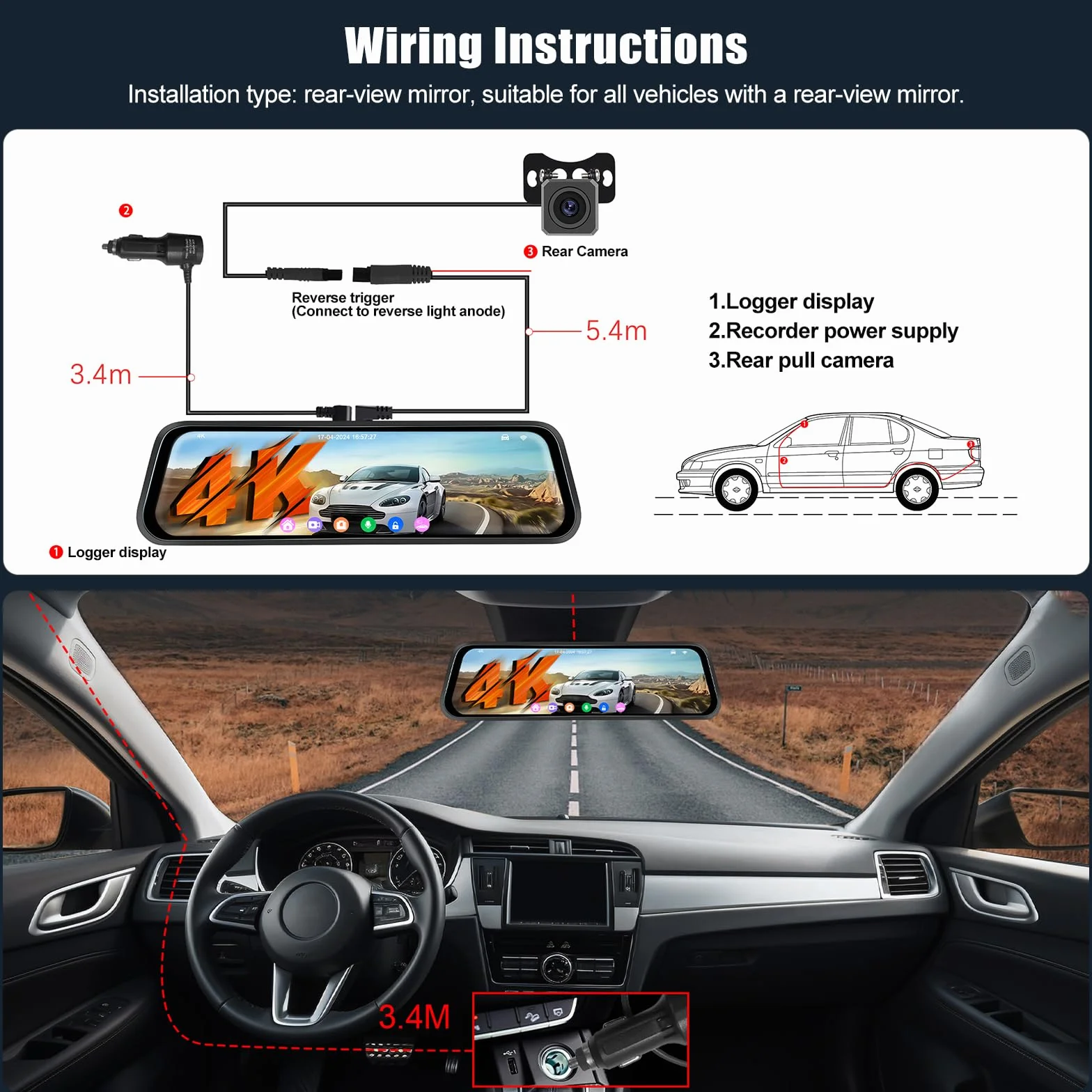 OiLiehu 9,66 Pollici Touchscreen 4K HD Mirror Dashcam con Telecamera Posteriore WiFi Dash Cam per Auto con G-Sensor/WDR/LCA/BSD/Monitor Parcheggio/Registrazione in Loop/Grandangolo 150°/Visione Nott