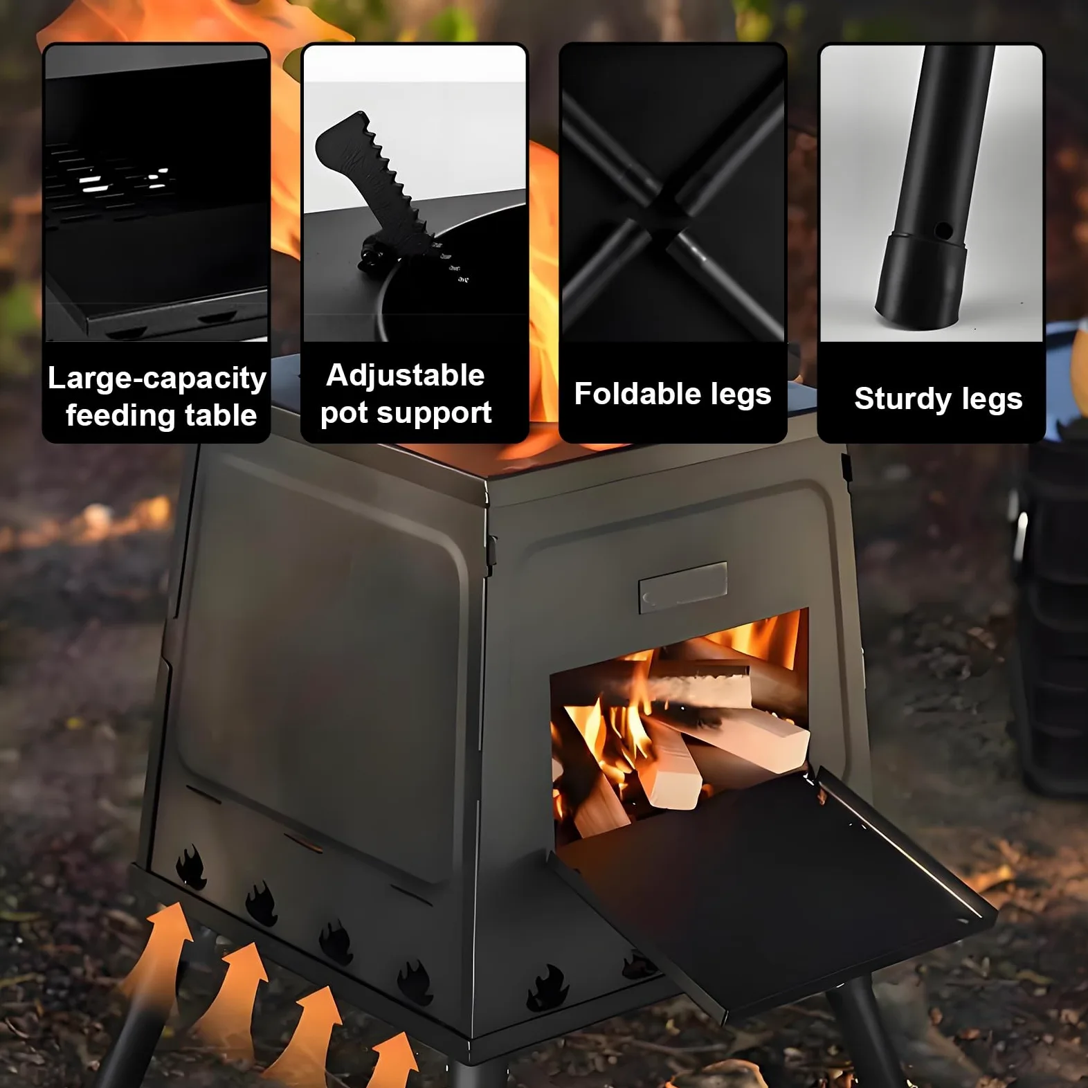 Stufa a Legna Portatile In Ghisa per Campeggio Stufas In Acciaio al Carbonio a Riscaldamento Rapido con Gambe Pieghevoli e Accessori(22 * 19 * 36cm)