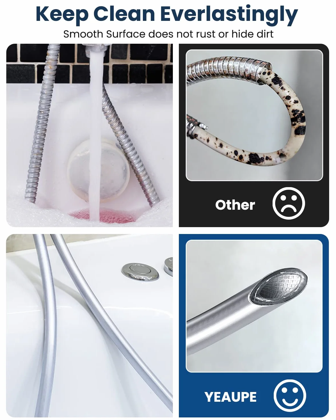 Tubo Doccia 160cm, YEAUPE Flessibile Doccia 1.6M in PVC (G1/2 pollici), Tubo Doccia da Anti Torsione, Argento/Cromo