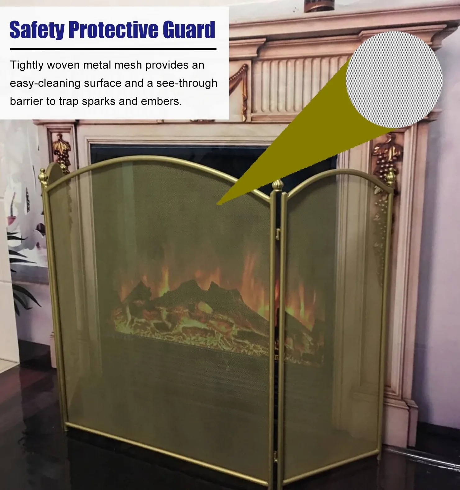 Parascintille Pieghevole Fire Guard in Oro con Finitura Anticata, Accessorio per focolare a 3 Pannelli, parascintille per Animali Domestici, parascintille per Camino con Rete Protettiva