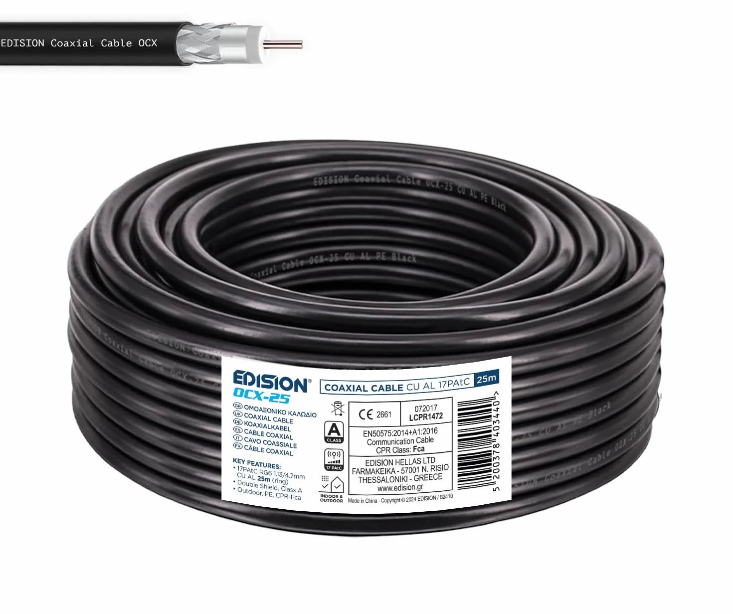 EDISION OCX-25 Cavo Coassiale 25m Antenna TV SAT Esterno/Interna PE Nero, Rame CU/AL, 17PAtC, CPR Fca, Classe A per DVB-S2/T/T2/C, RADIO, Bobina