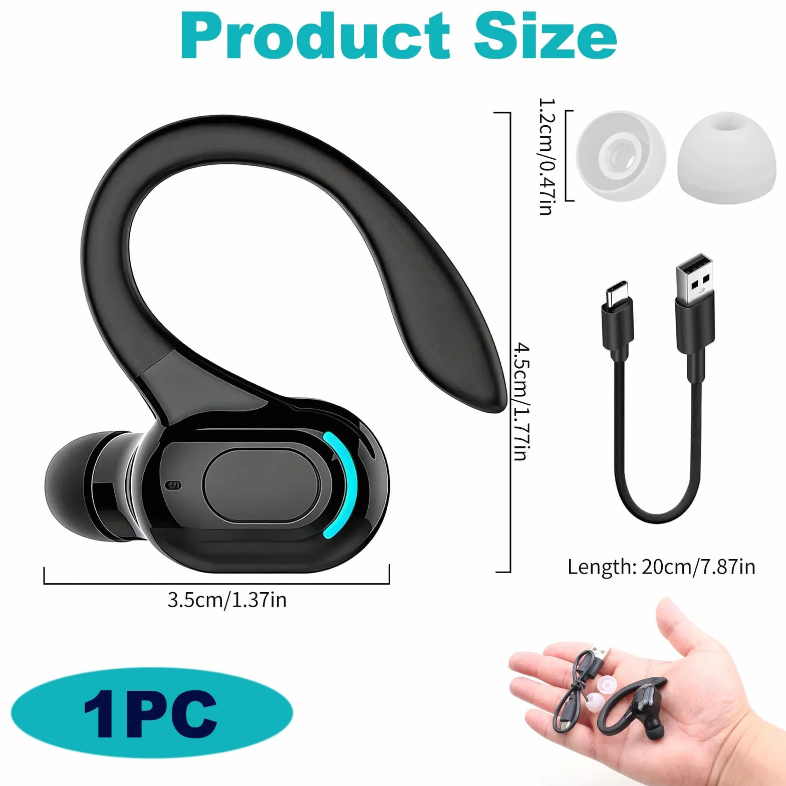 Auricolare Bluetooth Mono senza fili V5.2, microfono integrato a mani libere orecchio, 70 mAh, fino a 20 ore di riproduzione, design a 360° sopra l'orecchio, uso casco wireless per iPhone, Android e