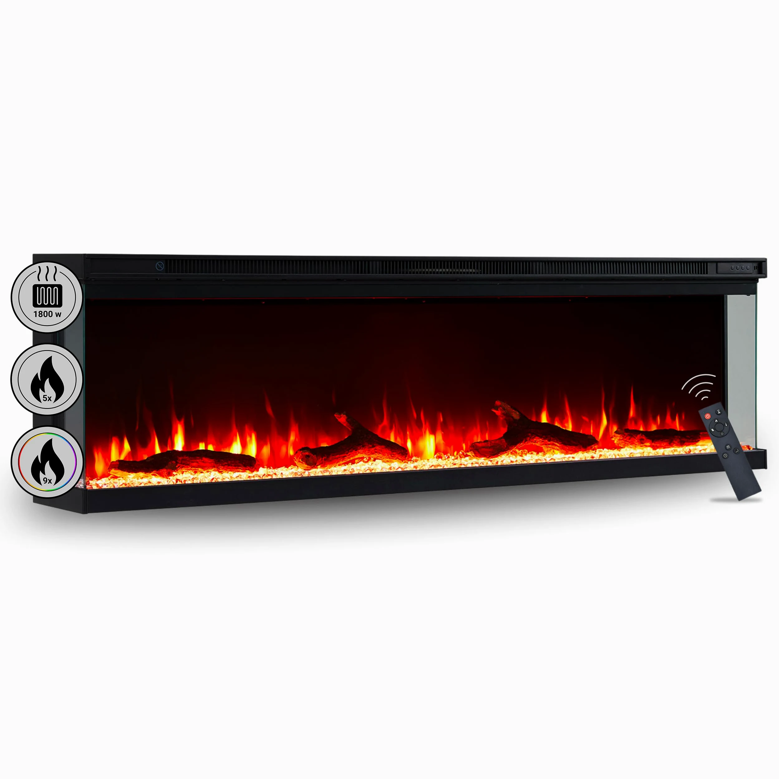 BALDERIA Camino elettrico Orson | Camino elettrico da parete/incasso, effetto fiamma LED 3D, dimmerabile, camino con riscaldamento da 1800 W di potenza, timer (60")
