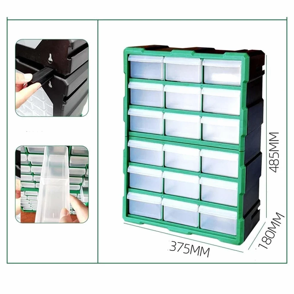 Scatola organizer in plastica resistente con 18 scomparti per piccoli attrezzi e elementi di fissaggio, con coperchio trasparente per una facile visibilità e struttura impilabile per risparmiare