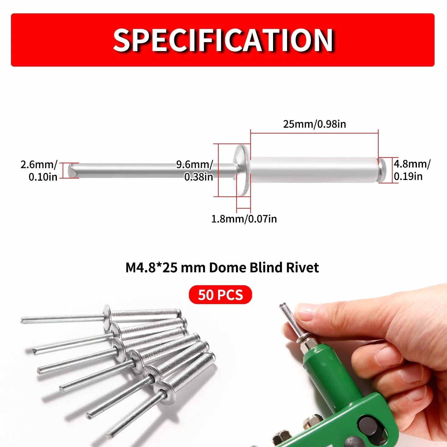YIXISI 50 Pezzi M4.8x25 mm Rivetti Ciechi in Alluminio, Grande Flangia, Testa a Cupola