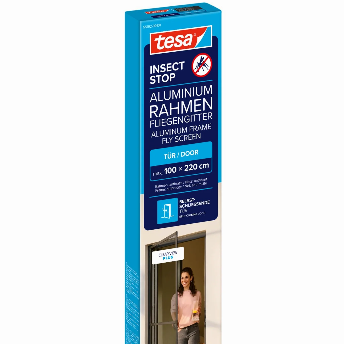 Tesa Insect Stop Alu Comfort Zanzariera per Porte con Telaio in Alluminio e " Clear-View " - Rete per Zanzare per Porta - Antracite, 100 cm x 220 cm