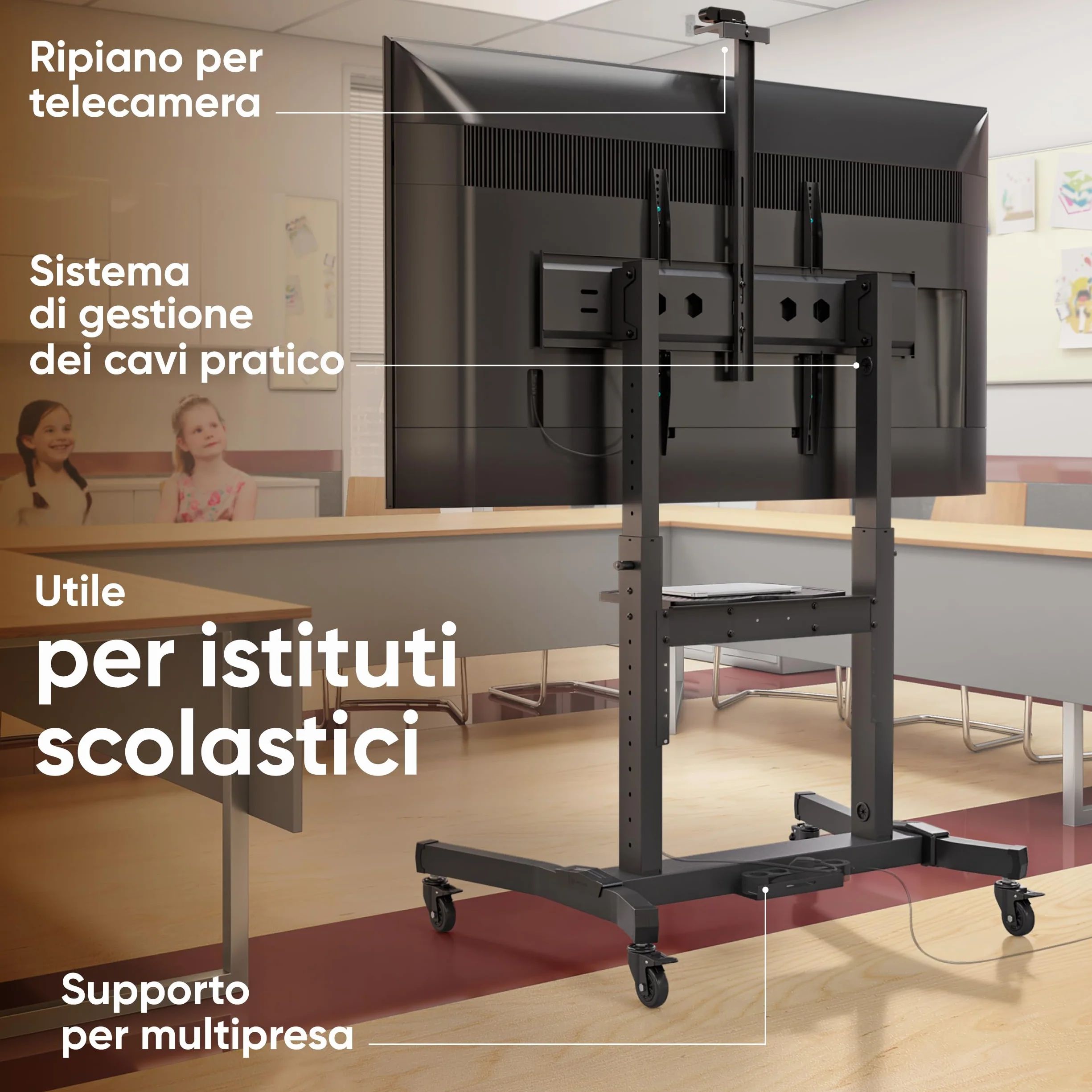 ONKRON Carrello Porta TV con Ruote 50-100 pollici, Carico Totale 130 kg, VESA 200x200-1000x600, Supporto TV da Pavimento Regolabile in Altezza e Inclinabile, Porta Televisore Mobile, Nero TS1991-B
