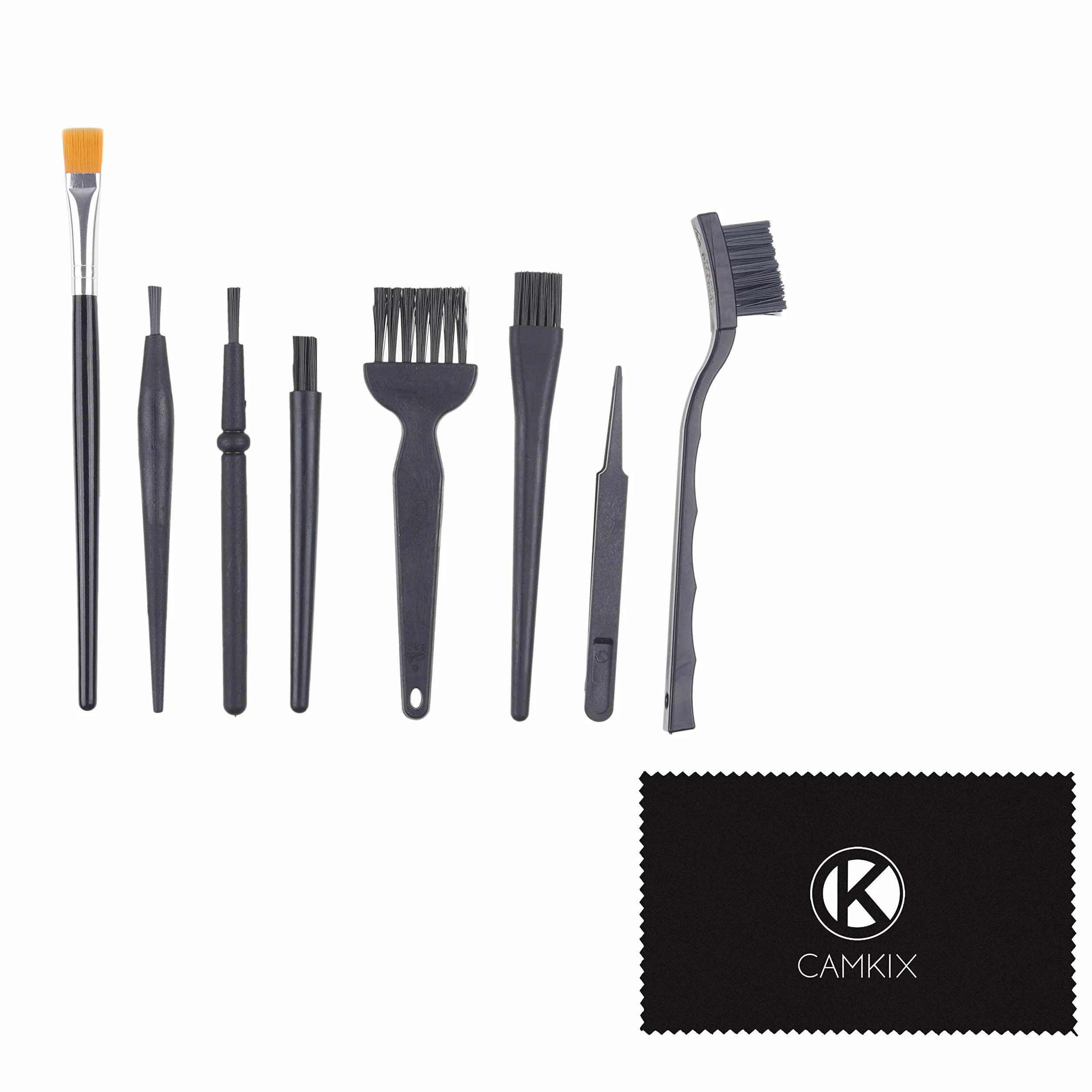 Camkix Spazzole Multiuso (Nero) – CONFEZIONE DA 9-7x Spazzole –Multi Taglia, 1x Paio di Pinzette Antistatiche, 1x Panno di Pulizia – Piccole Fessure - Computer, Tastiere, PCB, Bocchette, Interno Auto