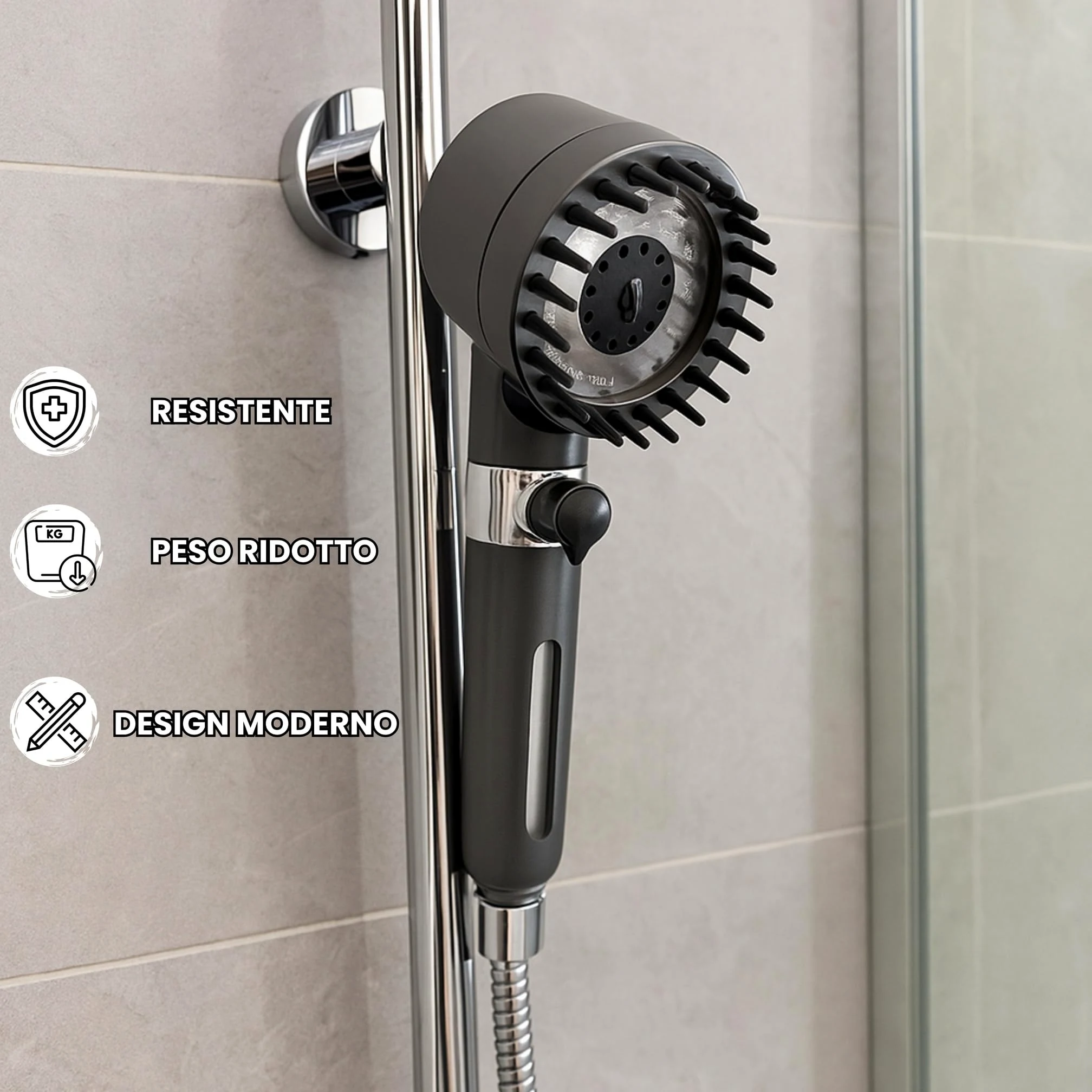 Pulifer | Doccino filtrante ad alta pressione con 3 modalità + pausa, supporto americano e gunmetal, tubo inox 1.5m, 10 filtri, risparmio idrico, getto potente per doccia confortevole