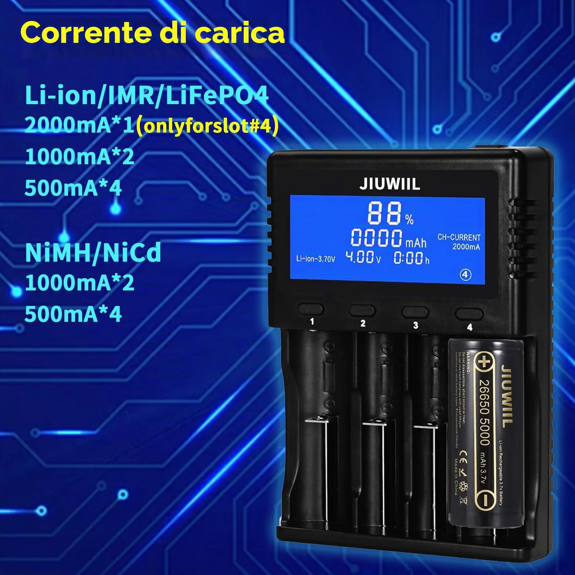 Caricabatterie 18650, Caricabatterie Universale a 4 slot con Display LCD per Batterie Ricaricabili Li-Ion 26650 17500 16340 (RCR123) 14500 10440 16340