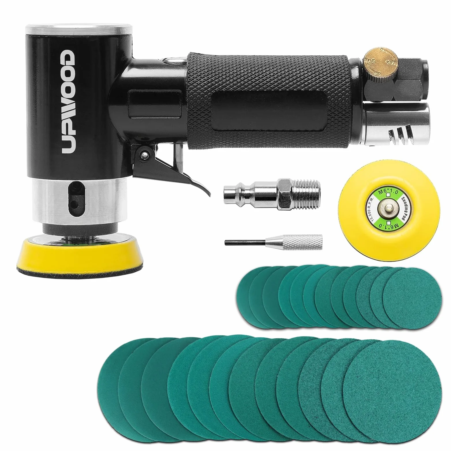 Mini levigatrice ad aria compressa con tamponi da 2 pollici e 3 pollici, mini levigatrice pneumatica da 25 mm/50 mm per la pulizia della vernice di carrozzeria con 24 pezzi di carta abrasiva
