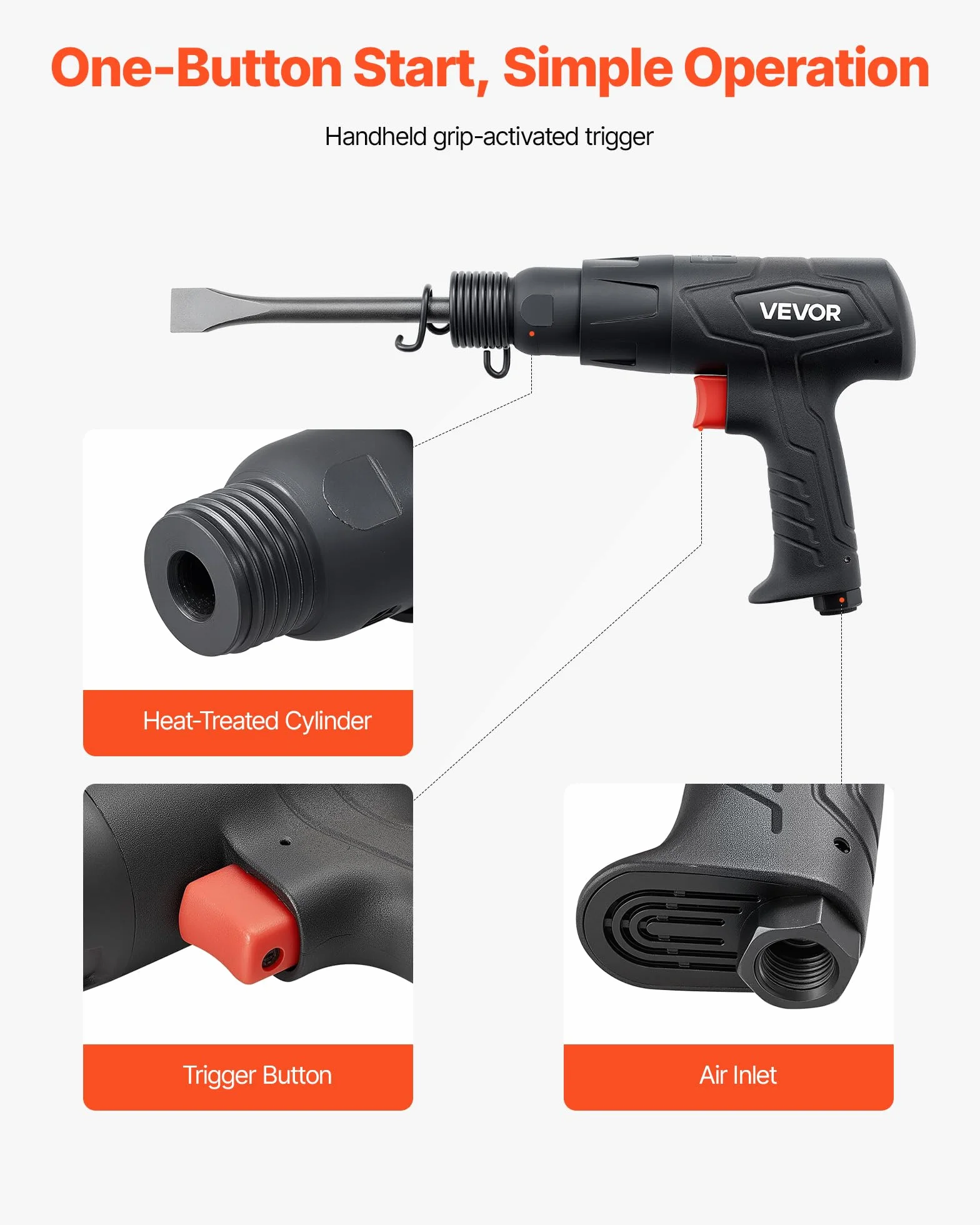 VEVOR Martello Pneumatico 2500-2700 Colpi/min, Corsa 7 cm, 4 Scalpelli 17 cm