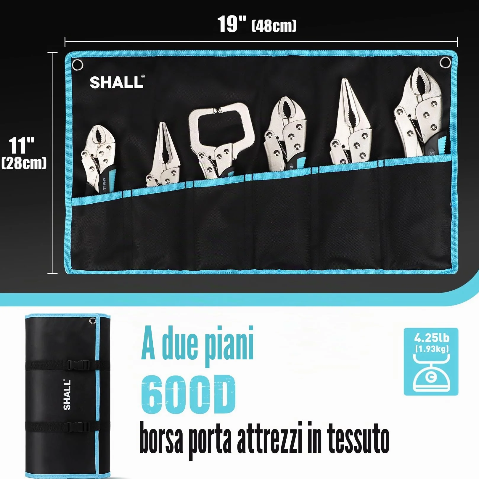 Shall Set di 6 pinze di bloccaggio – mascella curva da 12,7 cm, 17,8 cm e 25,4 cm, naso lungo 15,2 cm e morsetto a C da 15,2 cm, manico in TPR bicolore, custodia arrotolabile inclusa