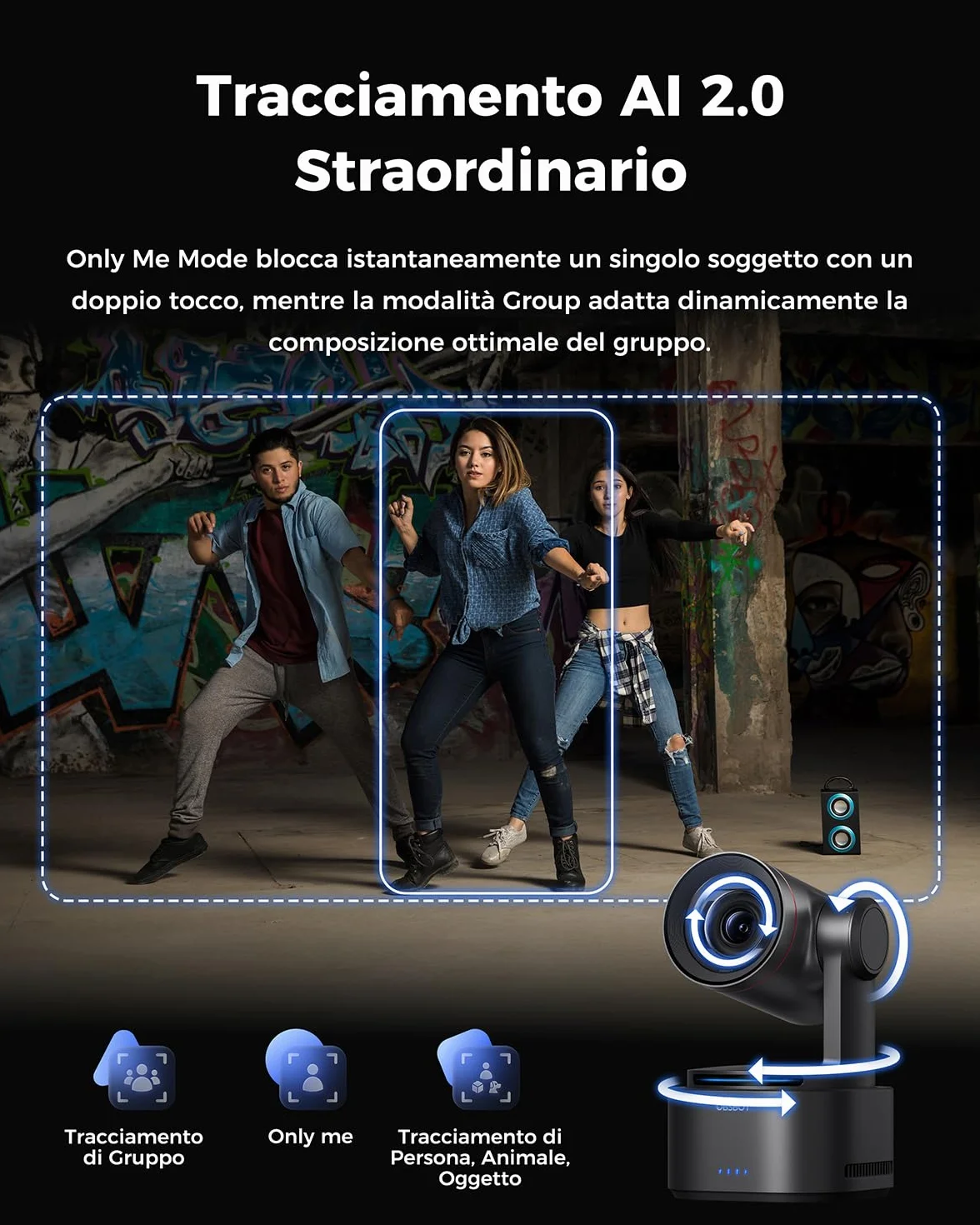 OBSBOT Tail 2 con NDI, PTZR Camera 4K@60FPS, Pro AI Tracking, 1/1.5" CMOS, 50MP, Zoom Ottico 5X, Zoom Ibrido 12X, Uscita SDI/HDMI/IP/USB 3.0, Live Streaming per Istruzione, Conferenze, Culto, Live