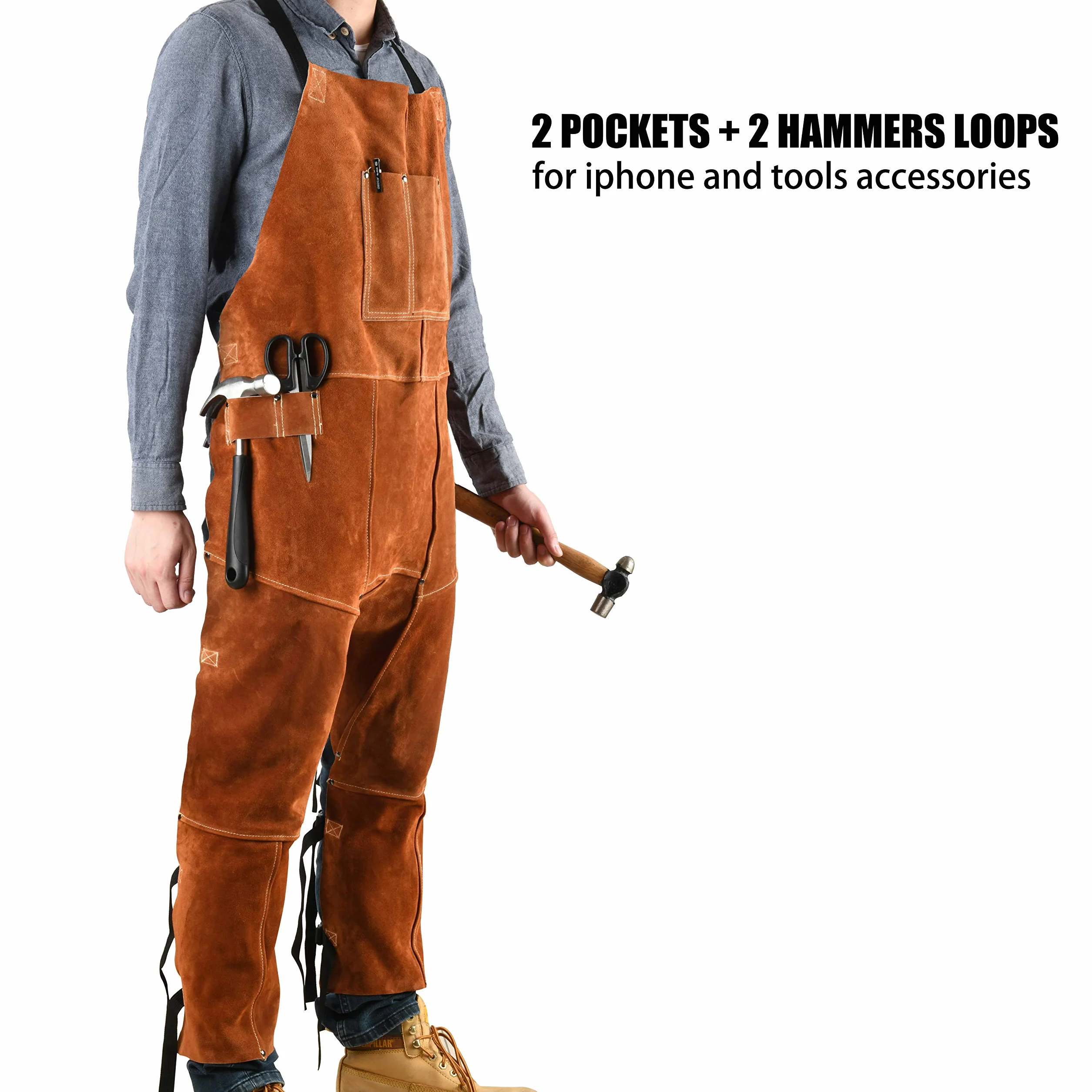QeeLink Grembiule da Saldatura in pelle, Gamba Divisa Grembiule da Lavoro, Resistente al Calore e Ignifugo Grembiule Falegname con 3 tasche per Fabbro, Carpentiere