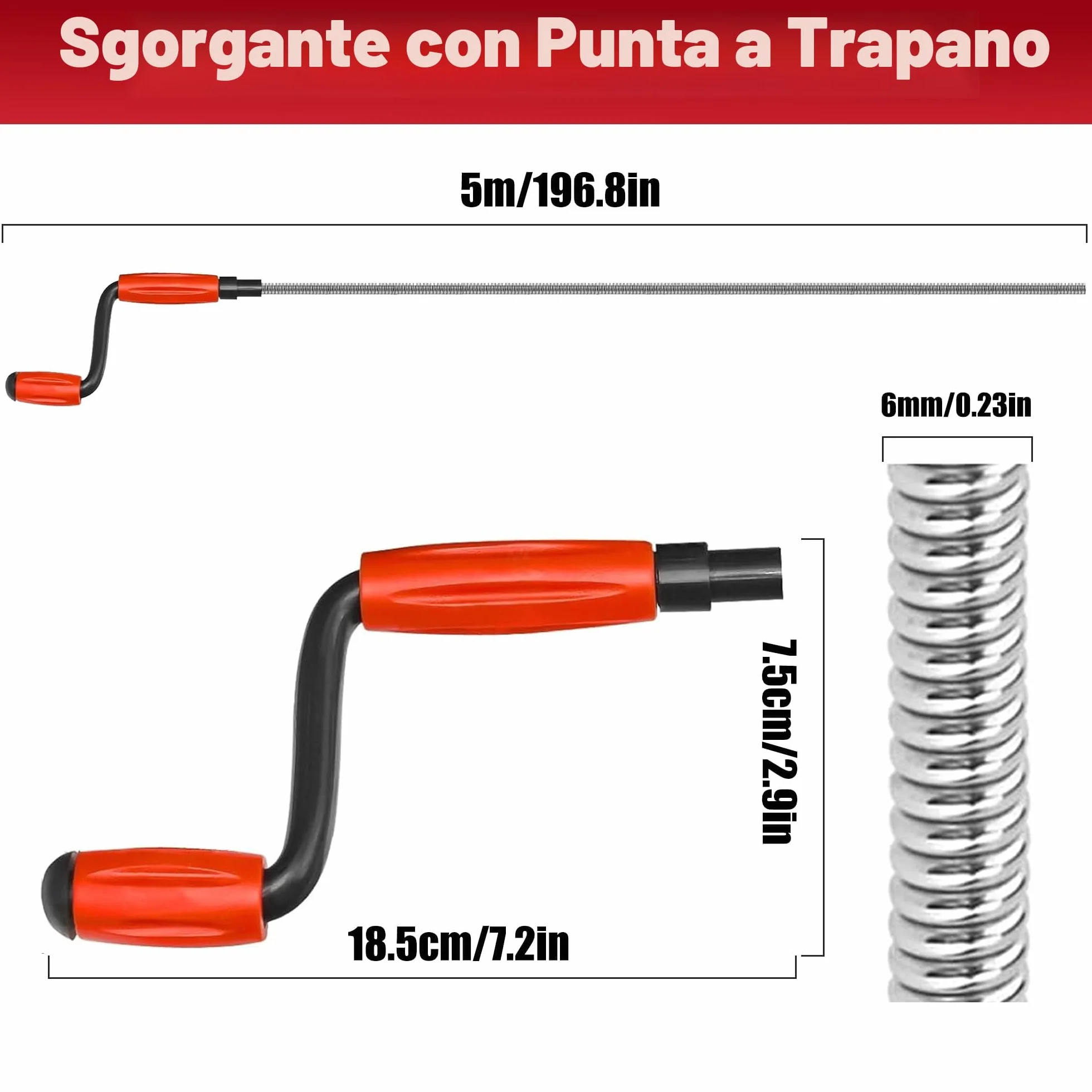 JAADU Stura Tubi Professionale 5m x 6mm Sonda Sturatubi per Lavandini e WC