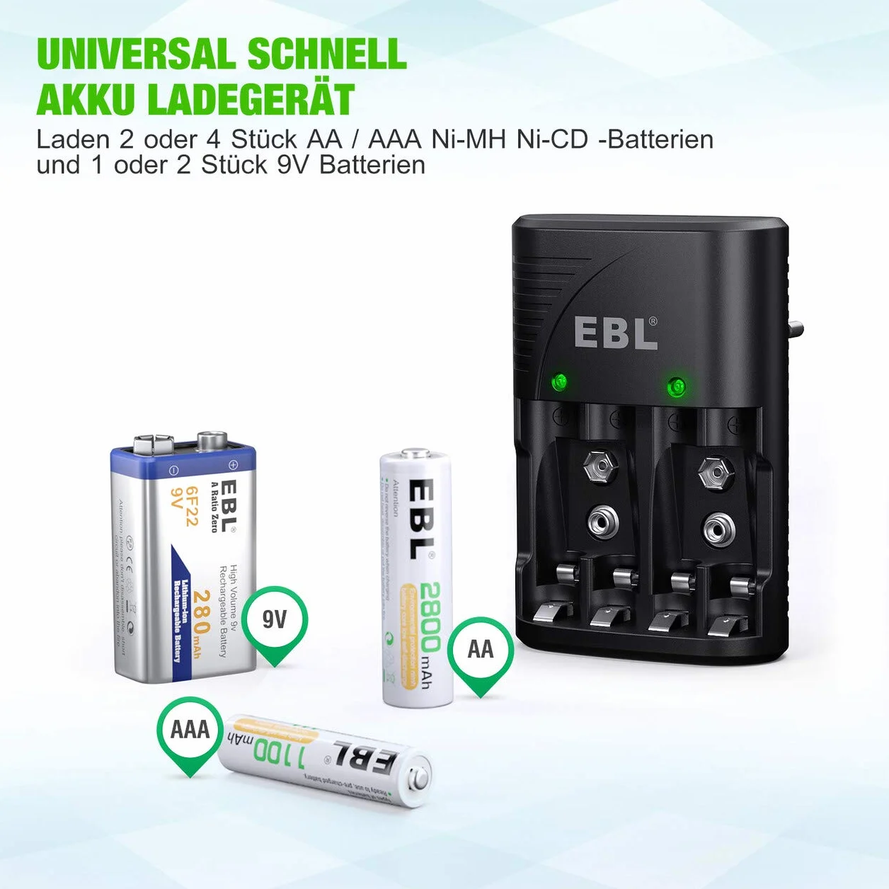 EBL Plug Caricabatterie Universale per AA e AAA 9V Ni-MH Batterie Ricaricabili, Carica Rapida, Indicatori LED Intelligenti