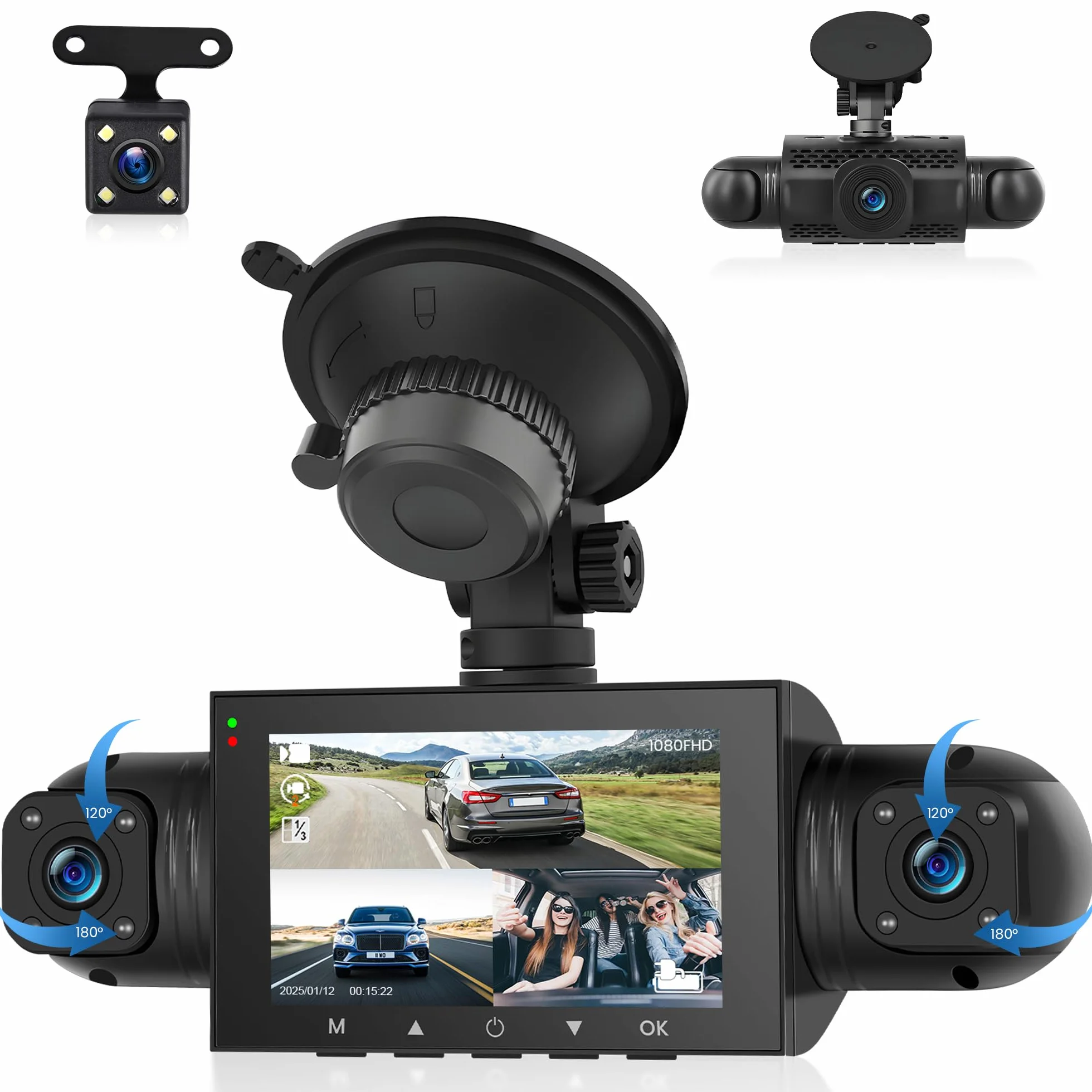 4 Canali Dashcam Auto 360°, 4 Telecamera HD 1080P Anteriore e Posteriore Sinistra Destra, 3 Pollici 1080P Dash Cam con 8 IR Visione Notturna/Loop video/24H Parcheggio Monitor/G-Sensore
