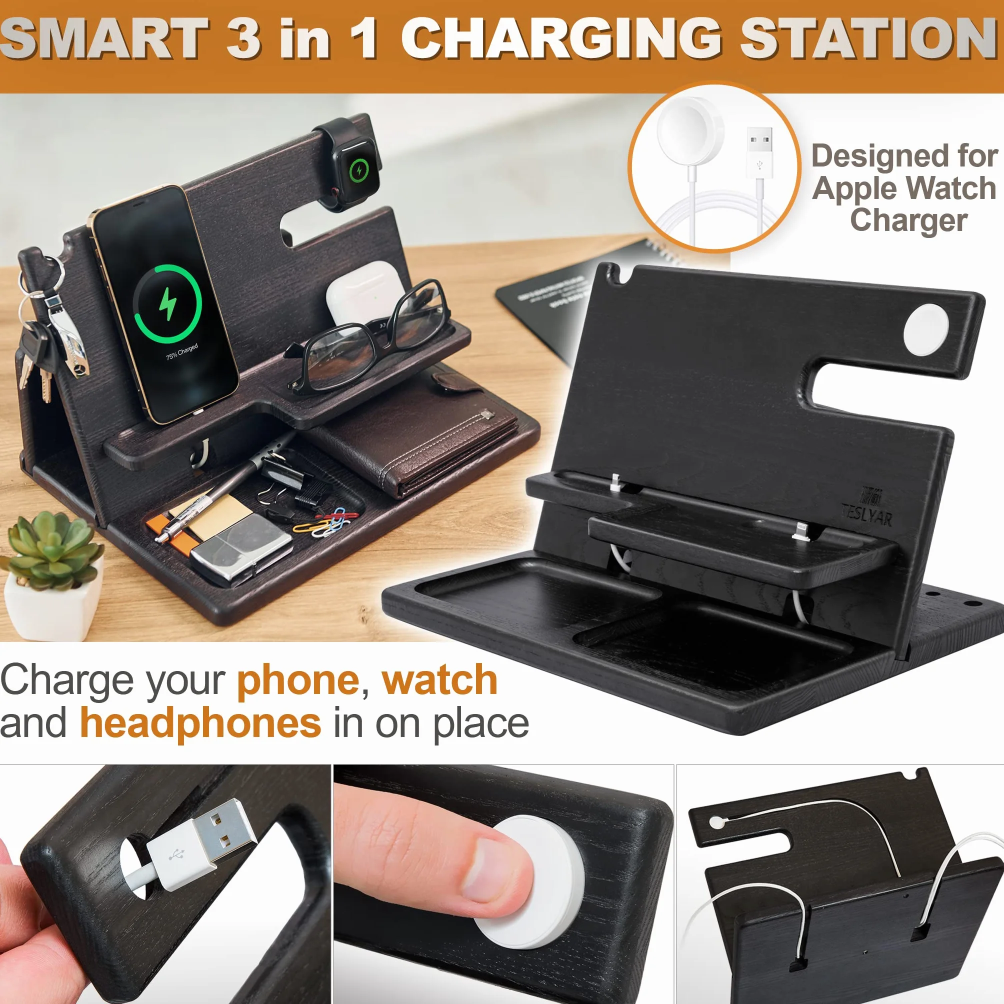 Teslyar Docking Station in Legno per telefono dalla Cenere con ganci con Svuota tasche e Porta Orologio Natale Regalo da uomo per orologi compatibile con iPhone iWatch AirPods (Nero)