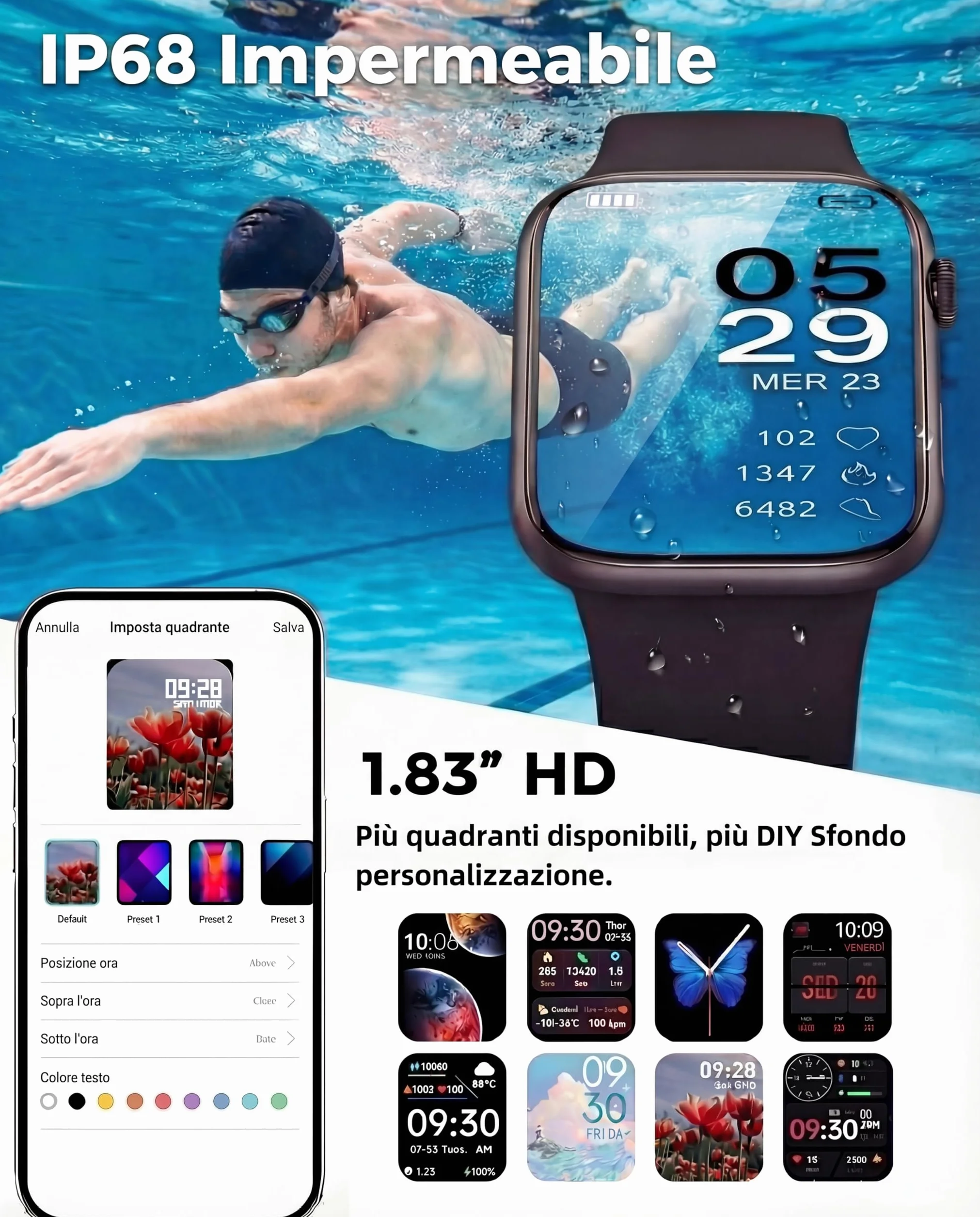 Smartwatch Uomo Donna, 1.83'' Orologio Smart Watch con Chiamata Bluetooth,Pressione Sanguigna/Cardiofrequenzimetro/Sonno,Contapassi,120+ Modalità Sportive,Impermeabile IP68 Fitness Tracker Android iOS