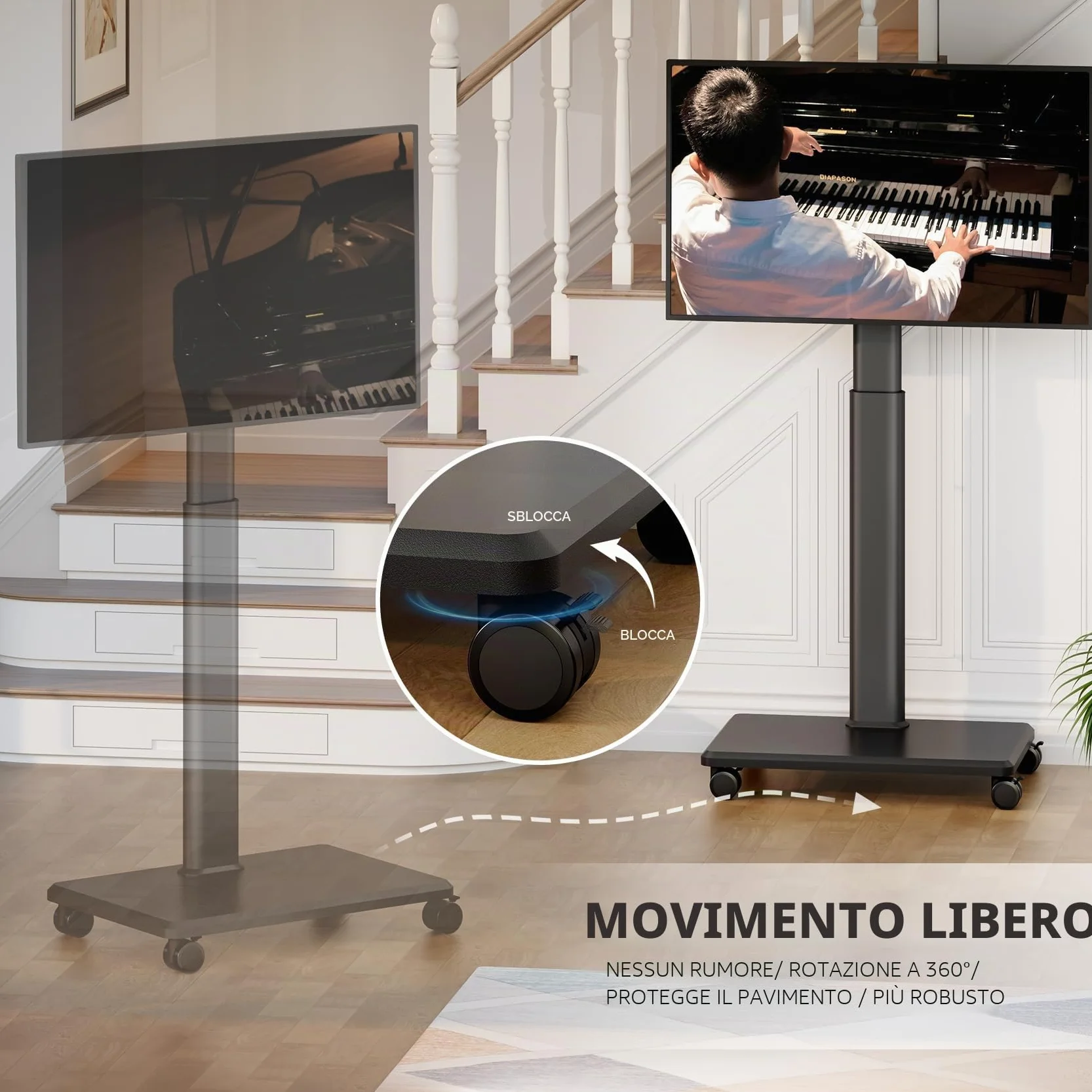 AX WABER Supporto TV Mobile con Ruote Bloccabili, Carrello Portatile per TV 27-65", Regolabile 9 Posizioni, VESA MAX 400x400, 40kg, per Casa/Ufficio