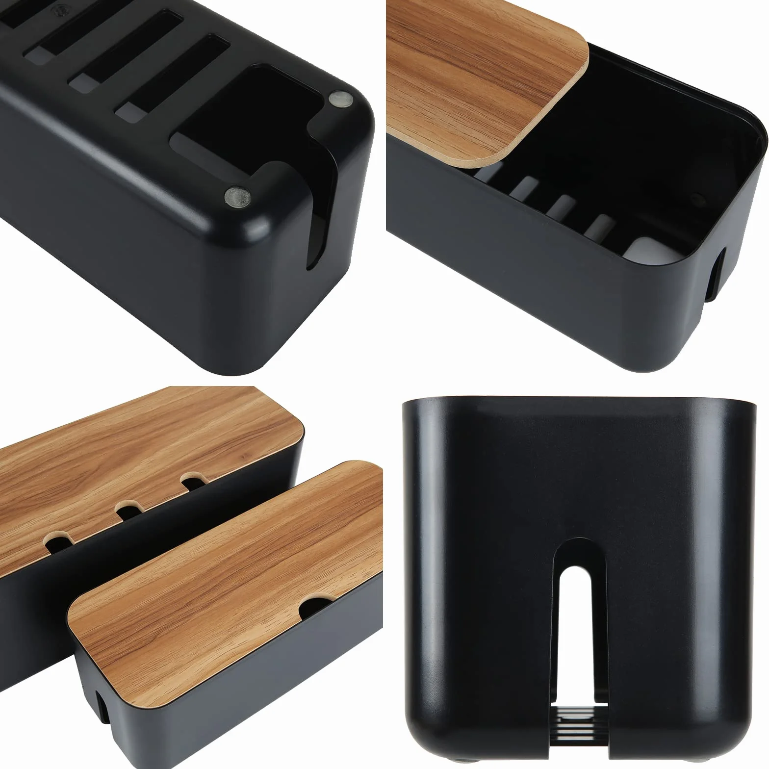 SENENQU Scatola Porta Cavi Nera Effetto Legno, Nascondi Cavi per Ciabatte e Prese, Organizer con Coperchio e Aperture Laterali