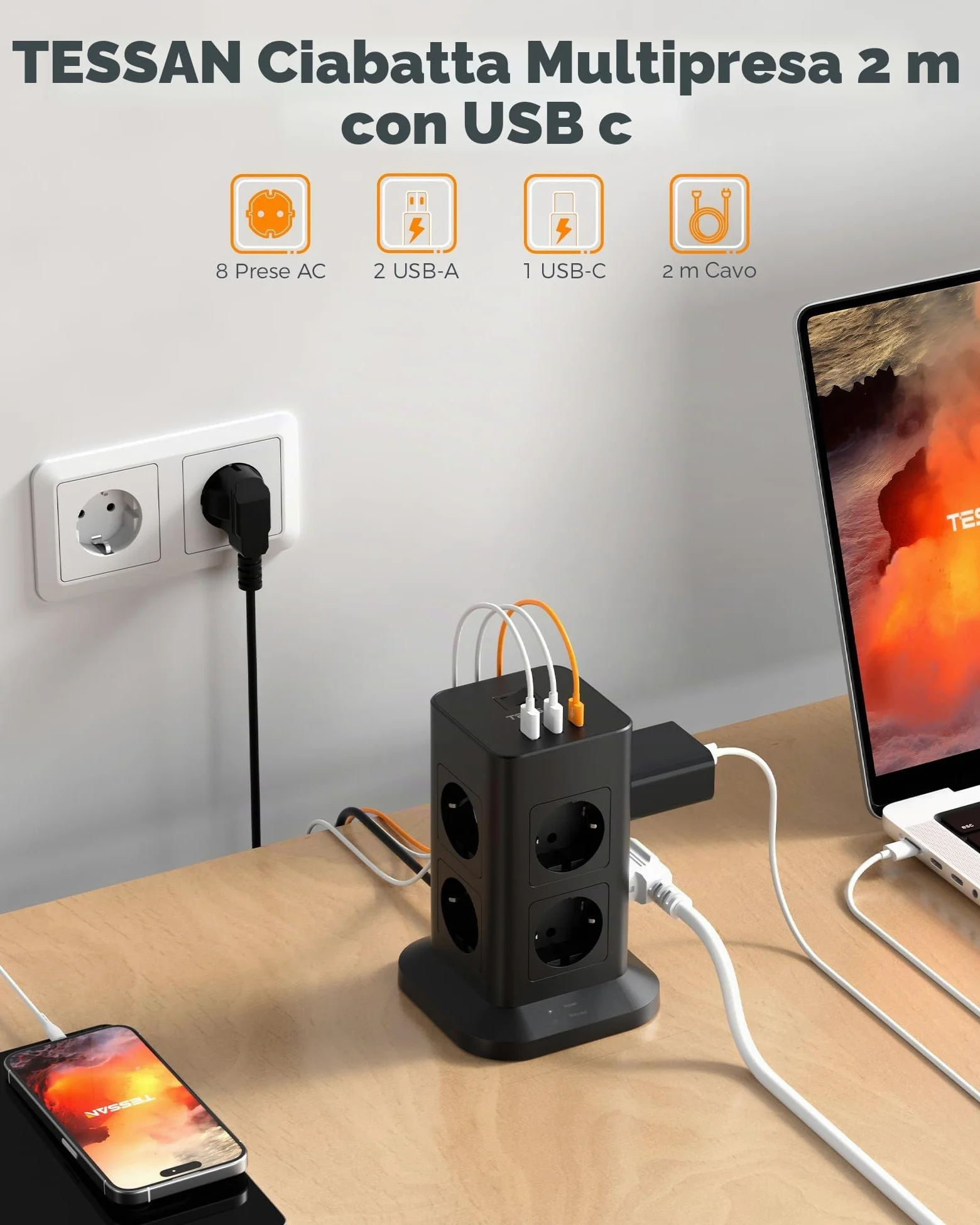 TESSAN 8 Prese Ciabatta Multipresa con USB, Ciabatta Elettrica con Cavo 2M, Torretta Multipresa con Protezione Sovratensione 1700J, Adattatore Prese Elettriche per Casa, Ufficio, Nero