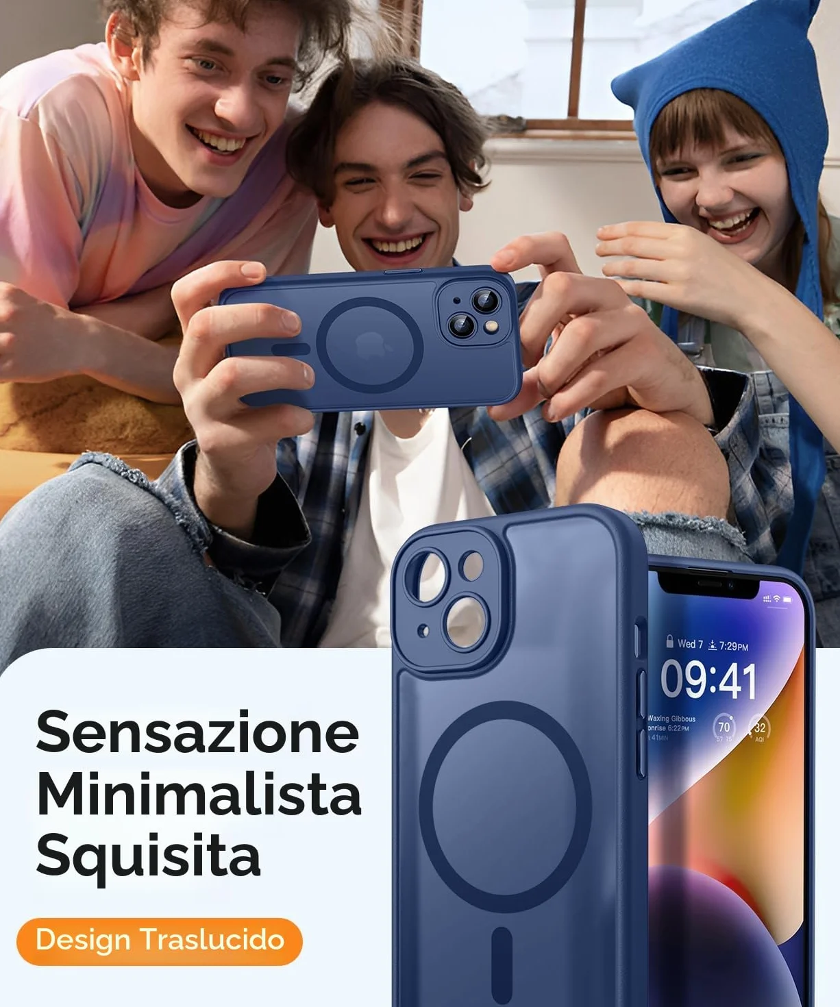 CANSHN Cover Magnetica per iPhone 14(6,1 Pollici), Compatibile con MagSafe, [Protezione Completa Della Fotocamera], Custodia Traslucida Opaca Protettiva Sottile Antiurto,Blu Profondo