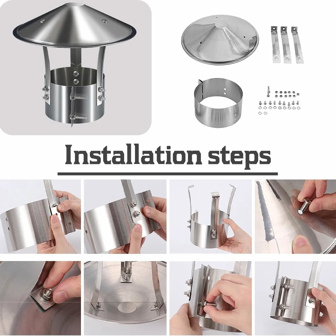 Comignolo superiore a cono tondo in acciaio inox | Guanti resistenti alle intemperie con parte superiore conica in acciaio inossidabile argento 210-315 mm