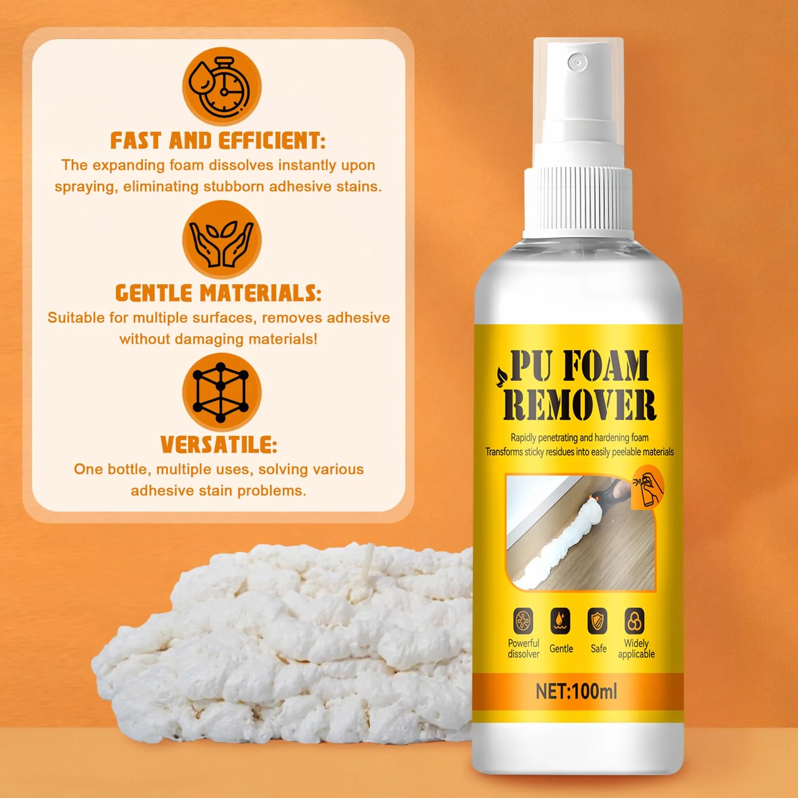 Pulitore Schiuma Poliuretanica 100ml, Rimuovi Colla Poliuretano Espanso, Solvente Edilizia