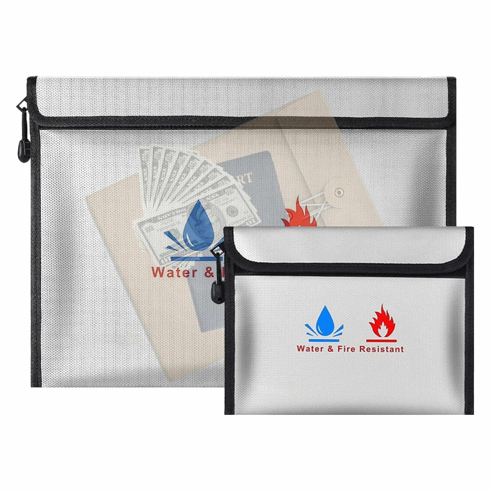 Borsa portadocumenti ignifuga in fibra di vetro siliconica e pellicola di alluminio in fibra di vetro | 38 x 28 cm grande e 23 x 18 cm piccola con protezione a doppio strato, borsa impermeabile per contanti, resistente al fuoco