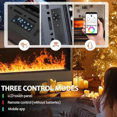 Camino Elettrico con Fiamma Regolabile, Umidificatore, Telecomando App, Riempimento Automatico Acqua, Pannello Ultra-Sottile