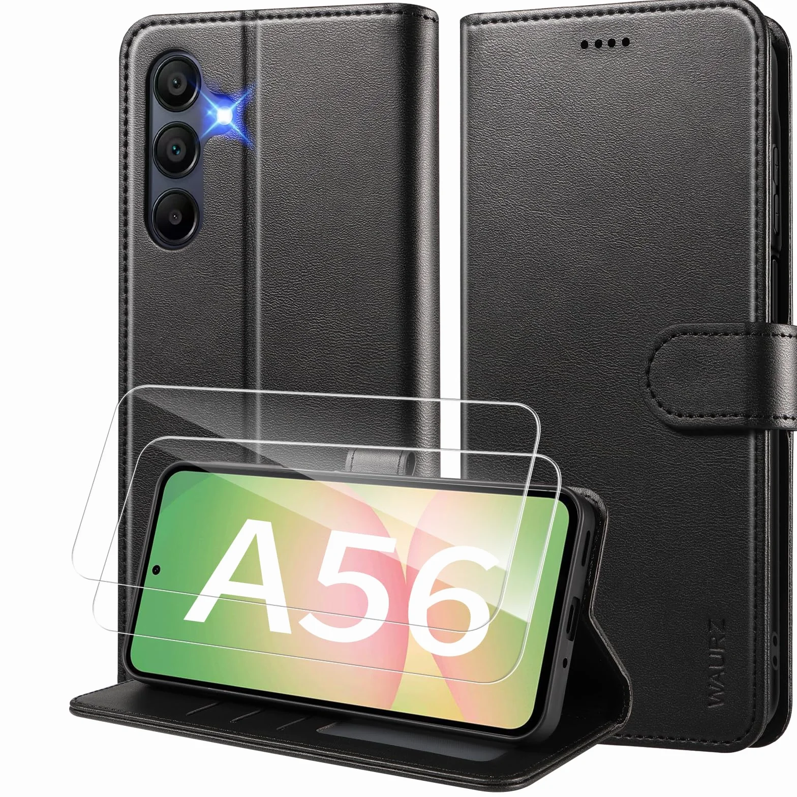 Cover per Samsung Galaxy A56 5G Custodia Cover Pelle Libro con 2 Pellicola Vetro Temperato Protezione Schermo Portafoglio Porta Carte Antiurto Cuoio Flip Case Custodia Cover,Nero