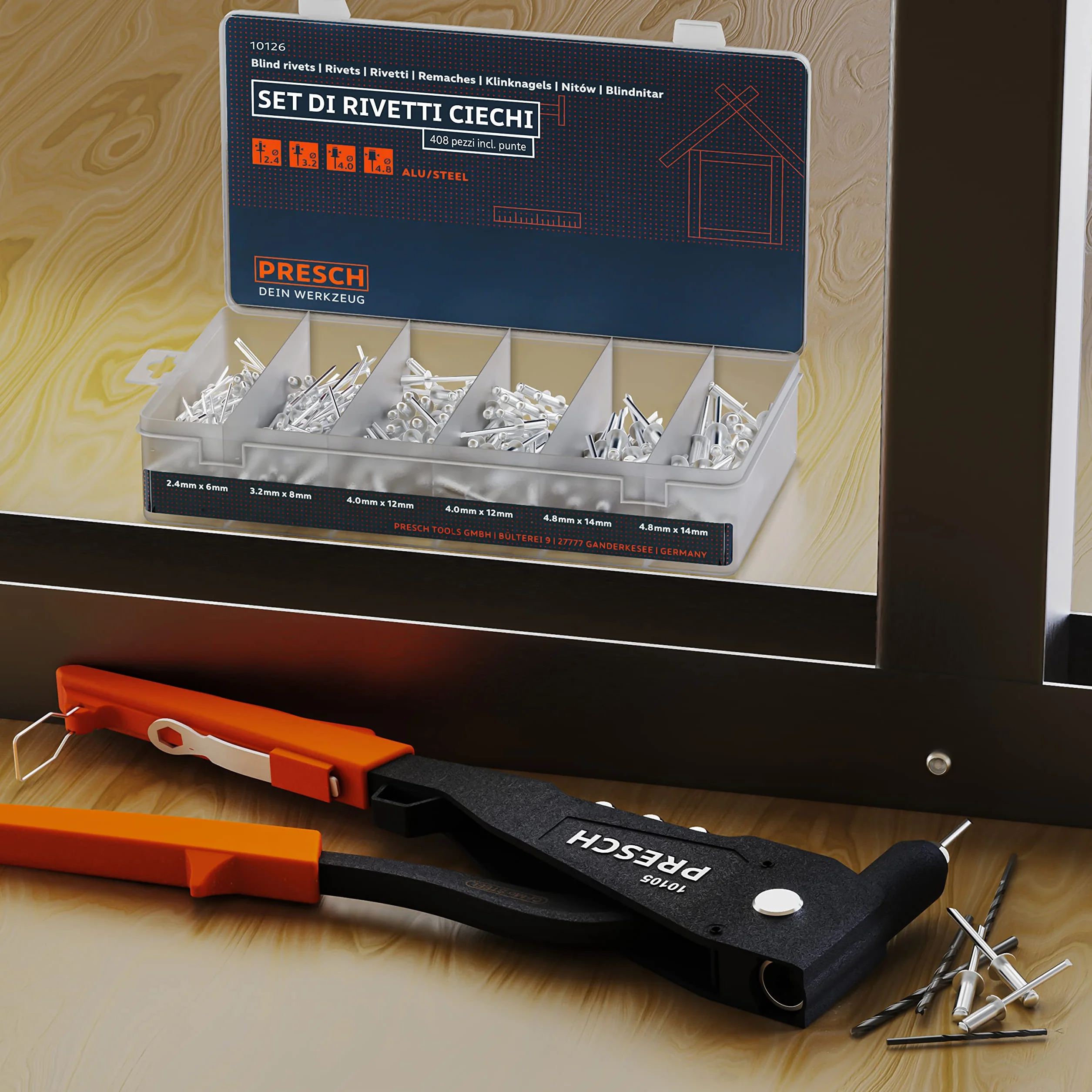 Presch Set rivetti ciechi 408 pezzi - Assortimento rivetti alluminio/acciaio 2,4-4,8mm con punte HSS 2,5-4,9mm