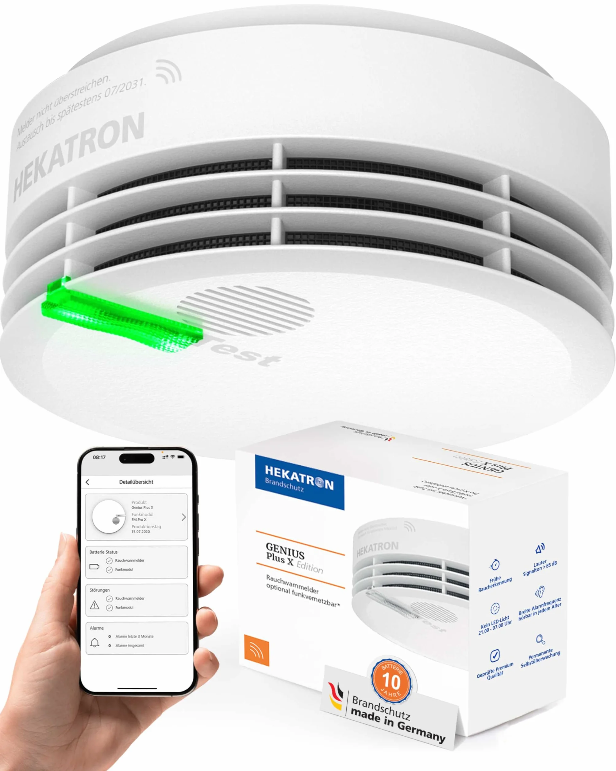 Hekatron Genius Plus X Edition - Rilevatore di Fumo con Batterie Integrate e Cuscinetti Adesivi Inclusi - Bianco